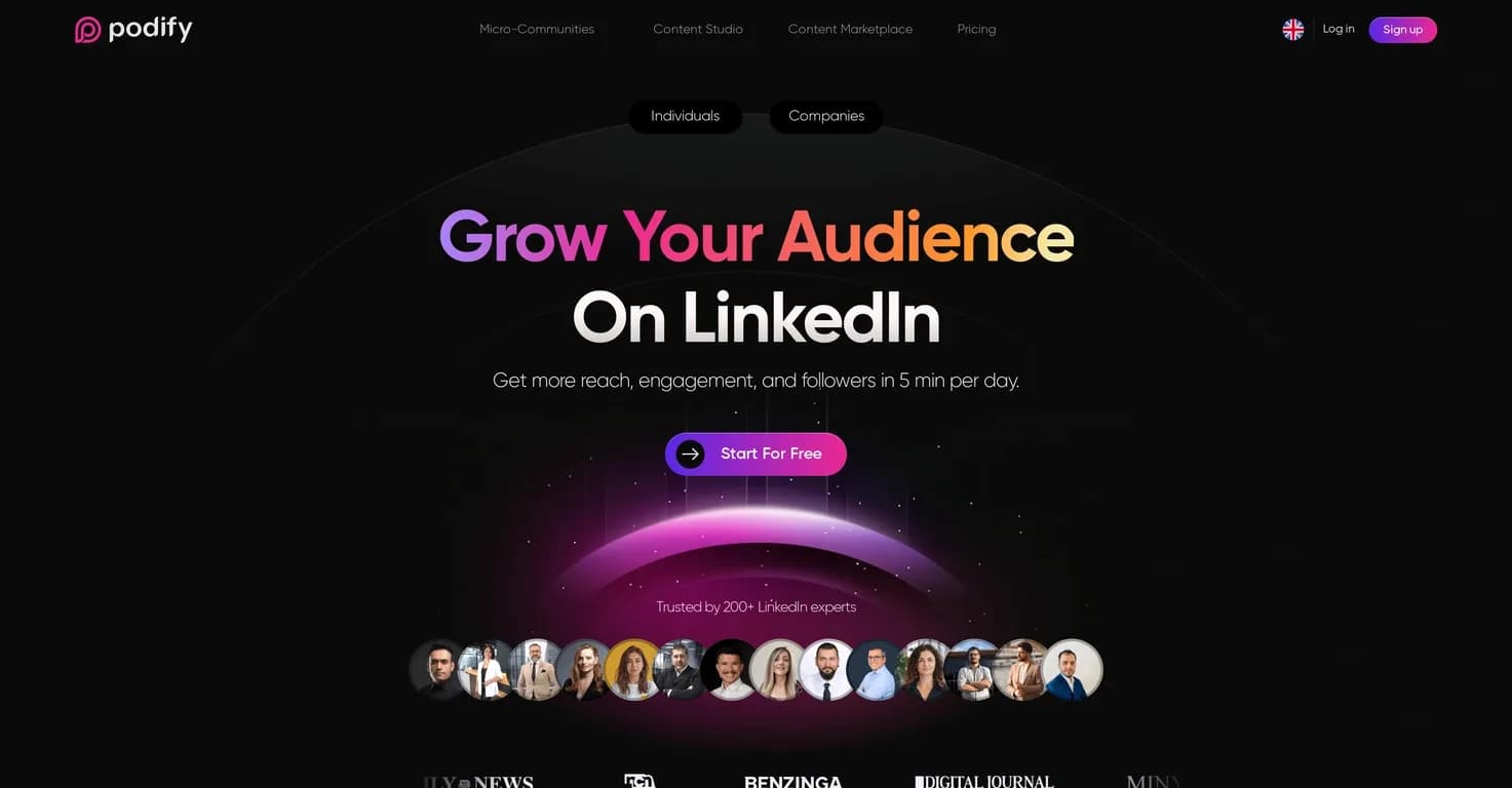 Podify.io homepage screenshot — Boost your LinkedIn brand with AI and micro-communities.