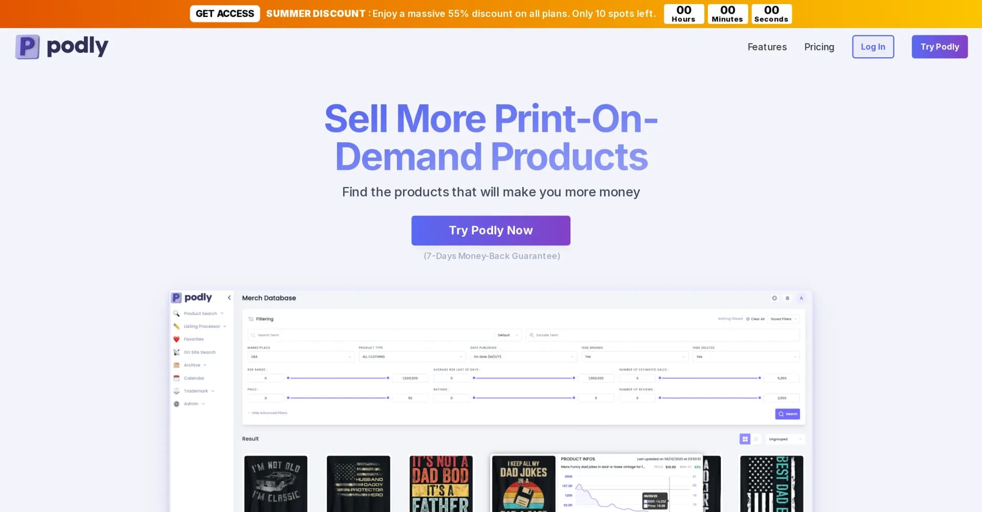 Podly homepage screenshot — Unlock profitable POD products with minimal research.