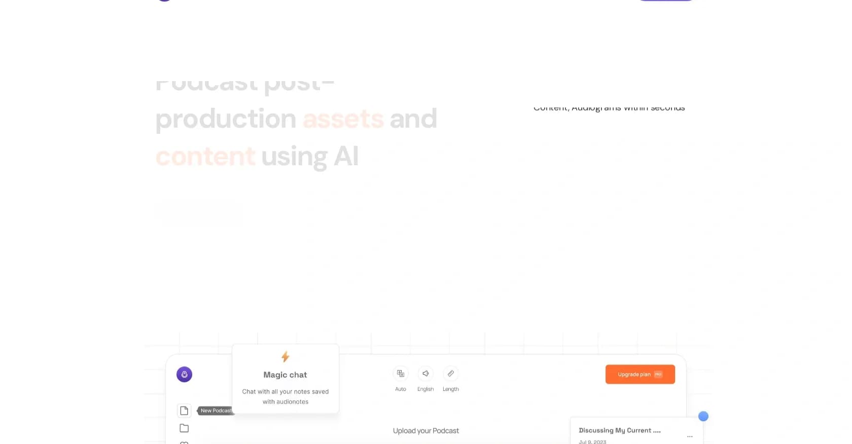 Podnotes homepage screenshot — AI-powered podcast post-production in seconds.