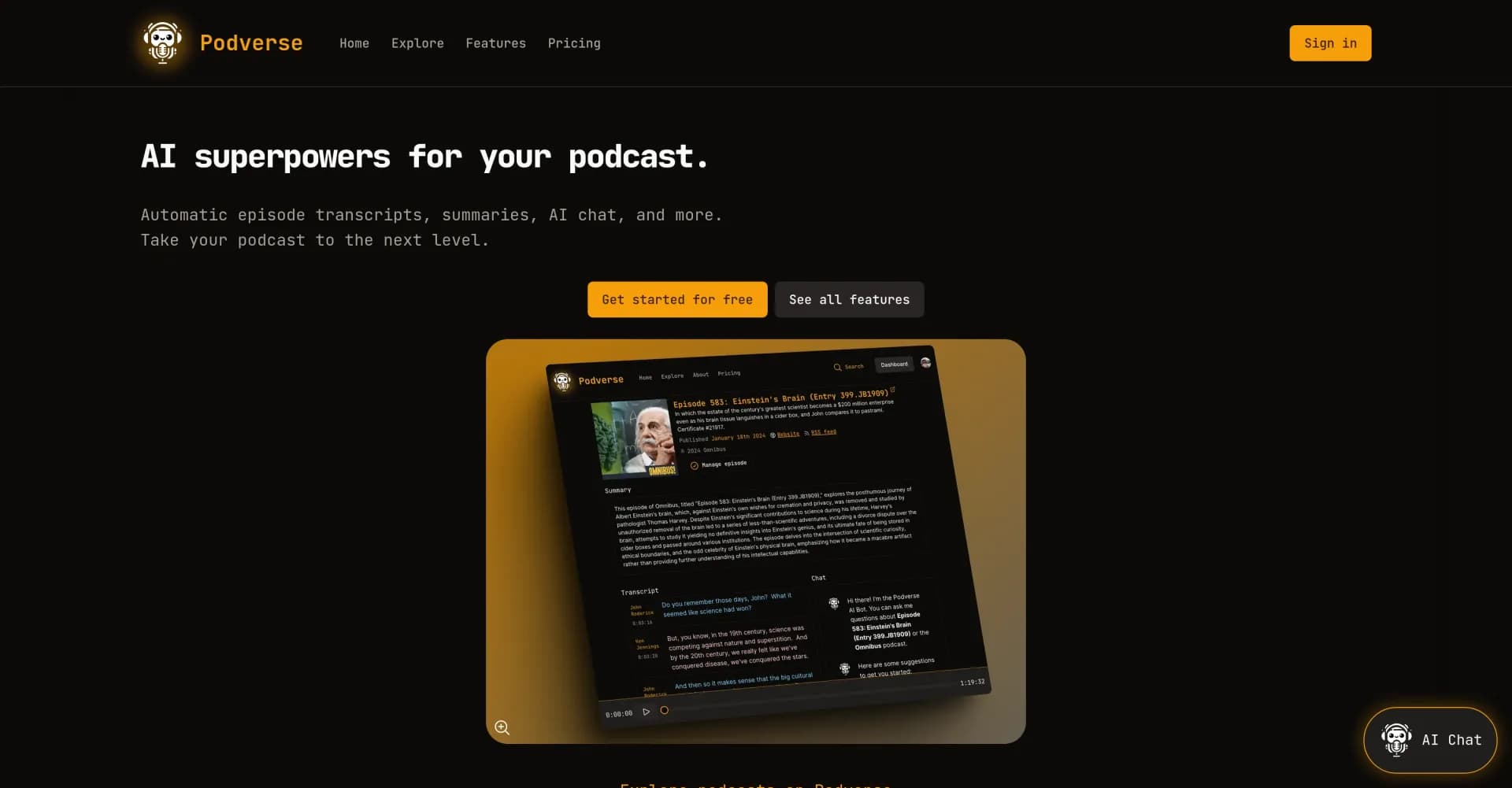 Podverse homepage screenshot — AI superpowers for your podcast.