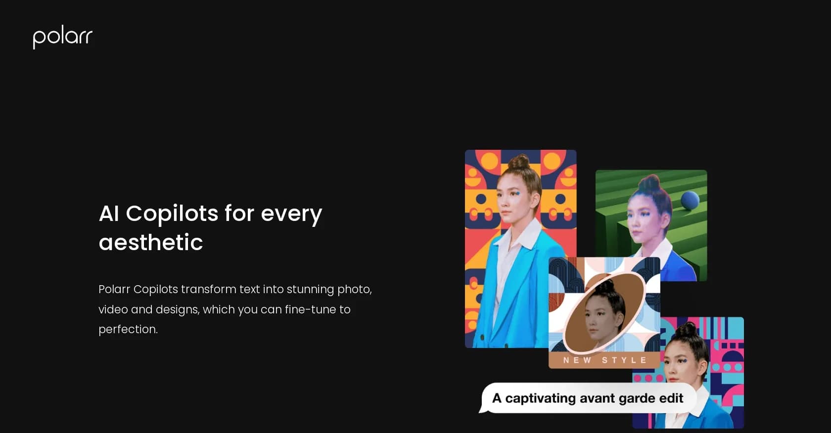 Polarr Copilot homepage screenshot — Transform text into stunning visuals with AI.