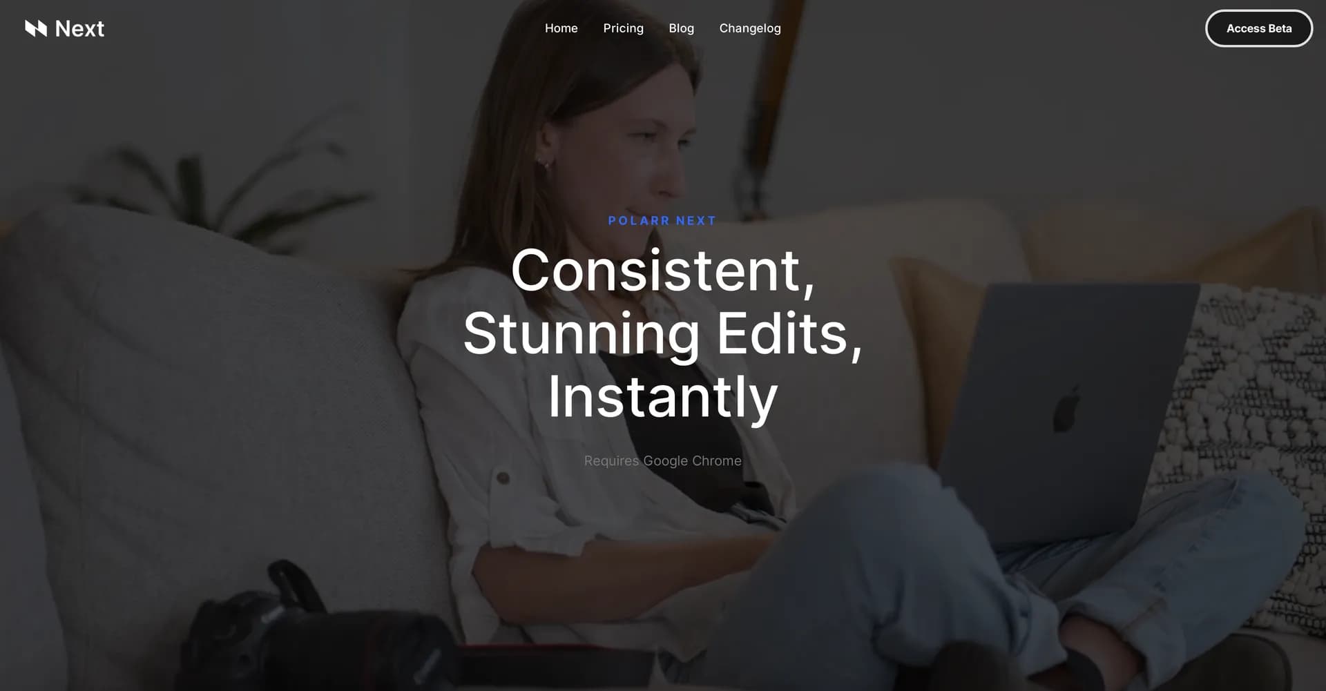 Polarr Next homepage screenshot — AI photo editing that mirrors your style instantly