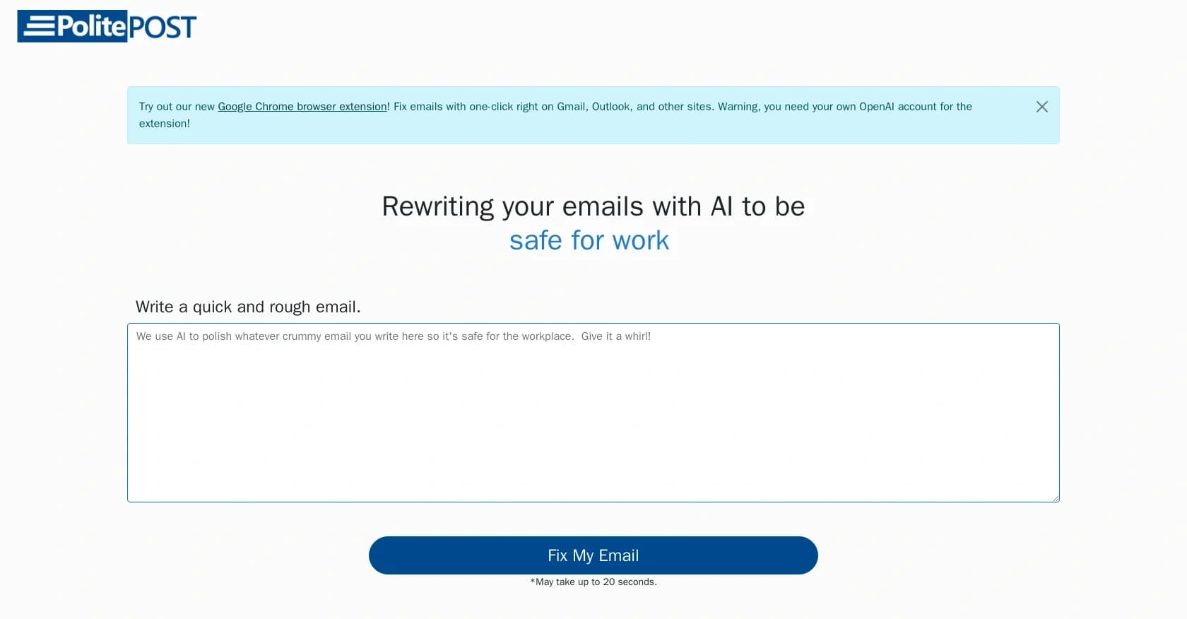 Politepost homepage screenshot — Rewrite emails professionally with AI