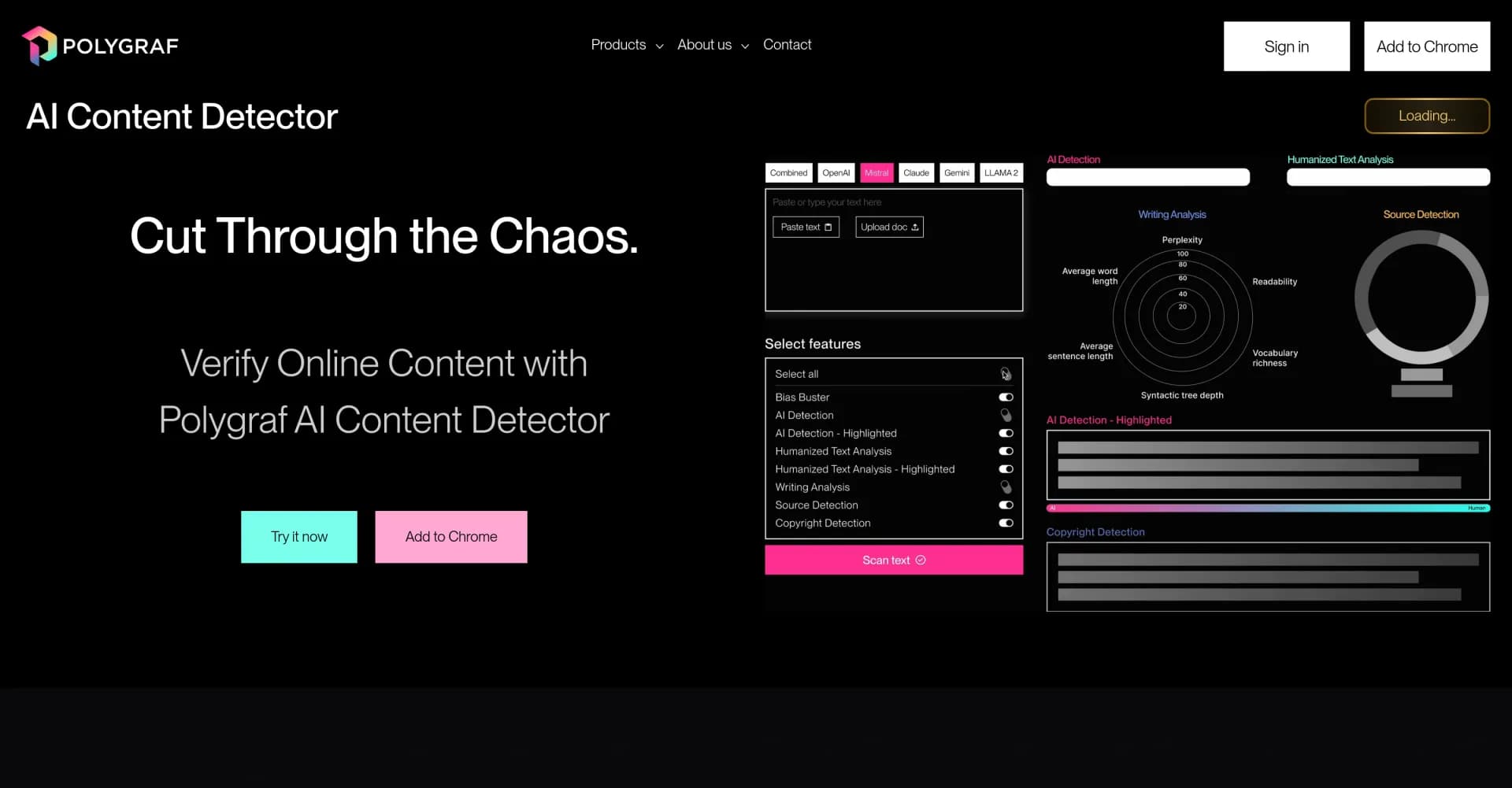 Polygaf AI Content Detector homepage screenshot — Spot AI-written text with precision.