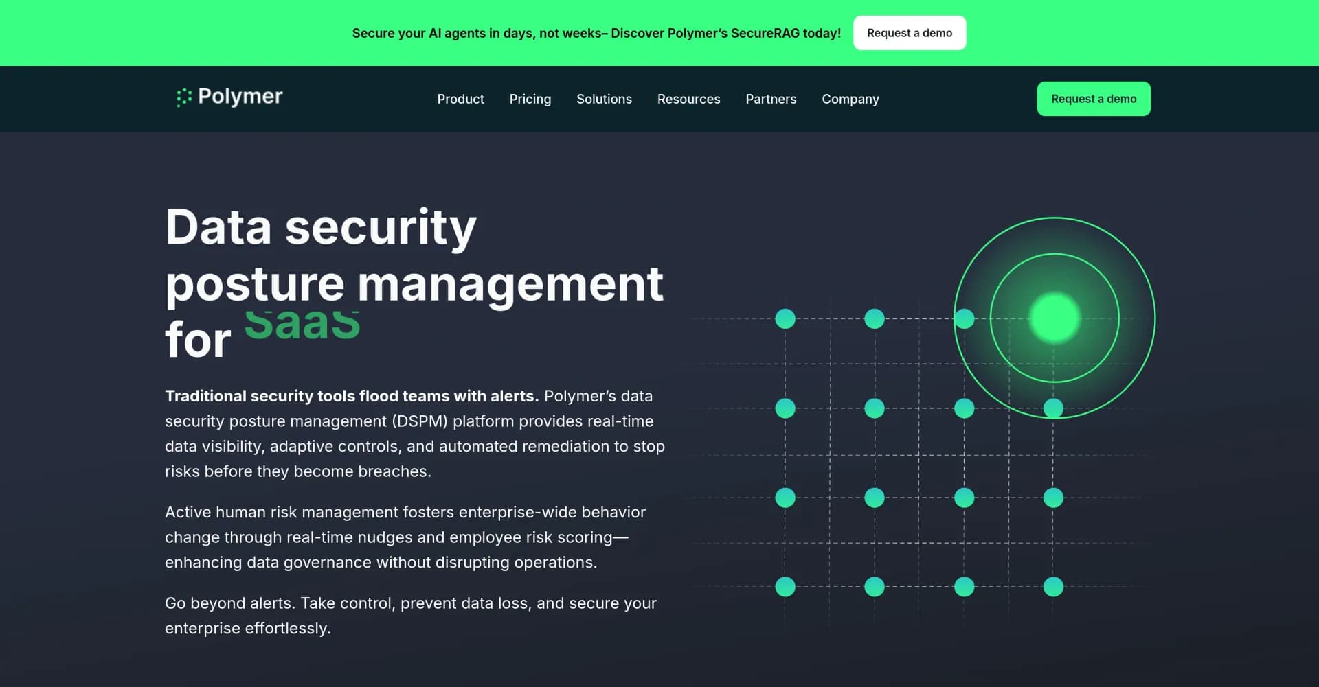 Polymer Runtime Data Securityv2.1 homepage screenshot — Prevent AI data breaches with real-time risk management.