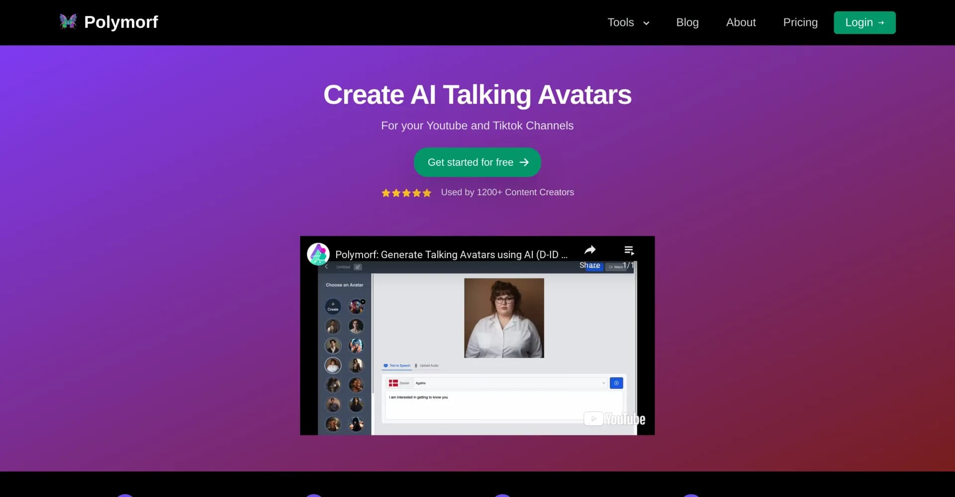 Polymorf homepage screenshot — Create AI talking avatars for social media content
