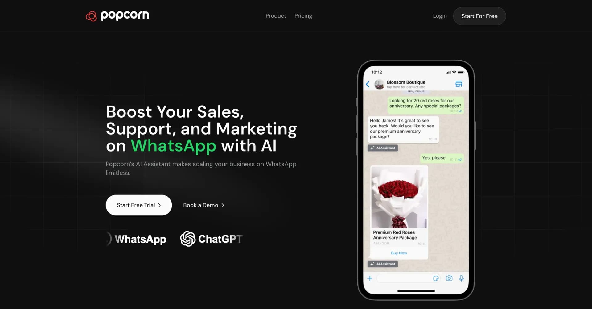 Popcorn homepage screenshot — Boost sales and support with AI on WhatsApp
