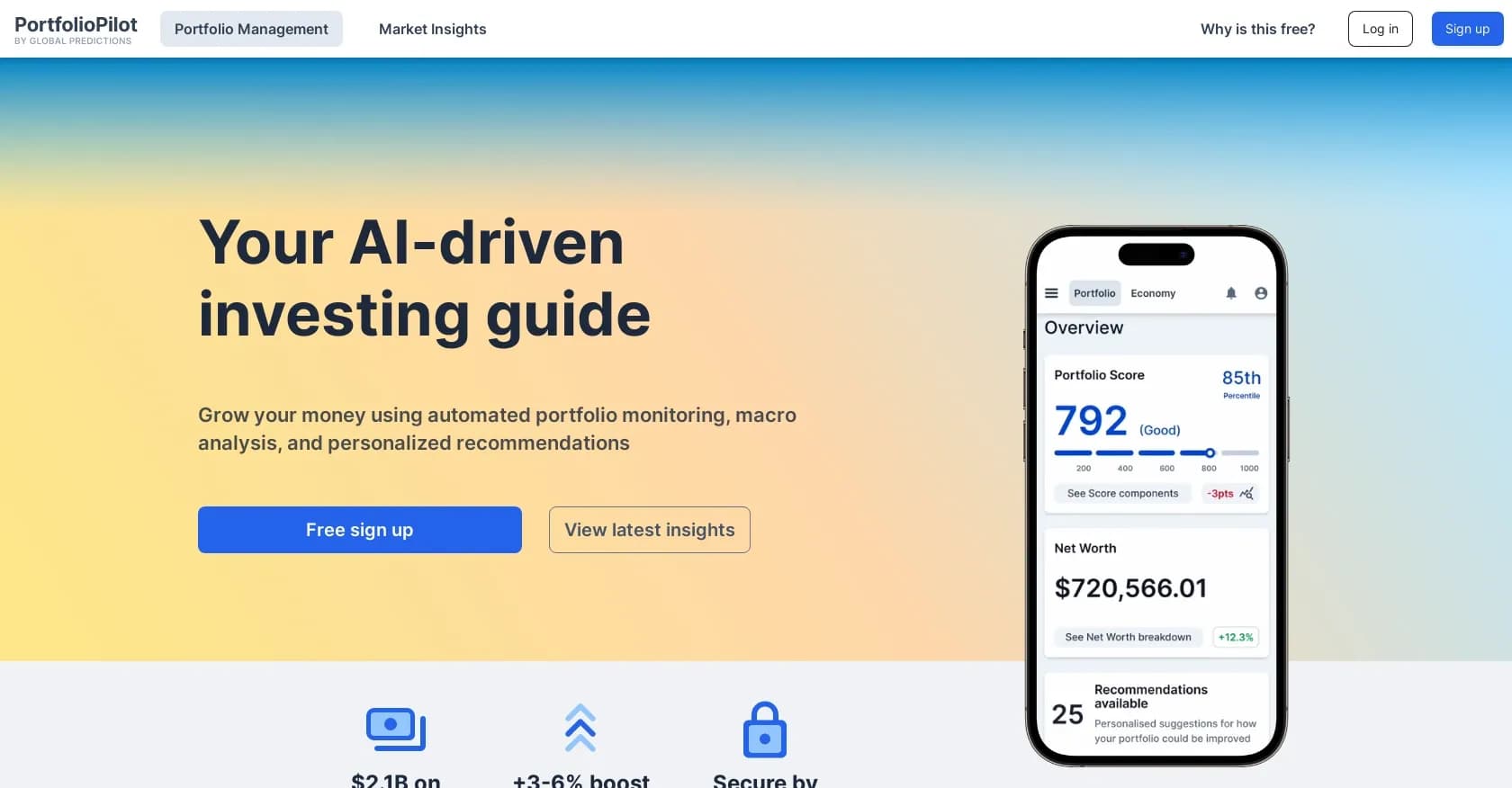 Portfolio Pilot homepage screenshot — AI-driven investing guide for portfolio growth