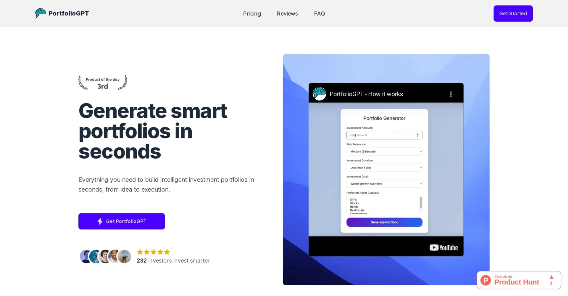 PortfolioGPT homepage screenshot — Generate smart portfolios in seconds with AI