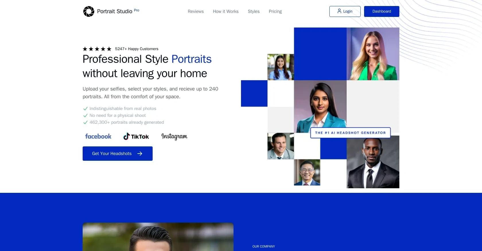 Portrait Studio Pro homepage screenshot — Affordable, professional portraits generated.