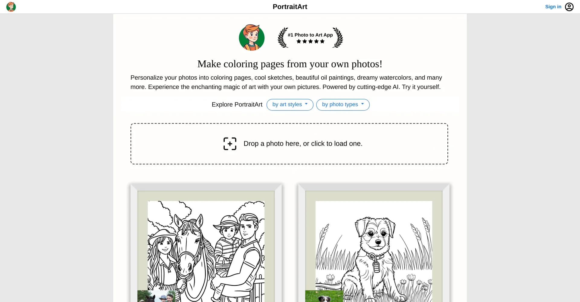 PortraitArt homepage screenshot — Transform photos into personalized art with AI