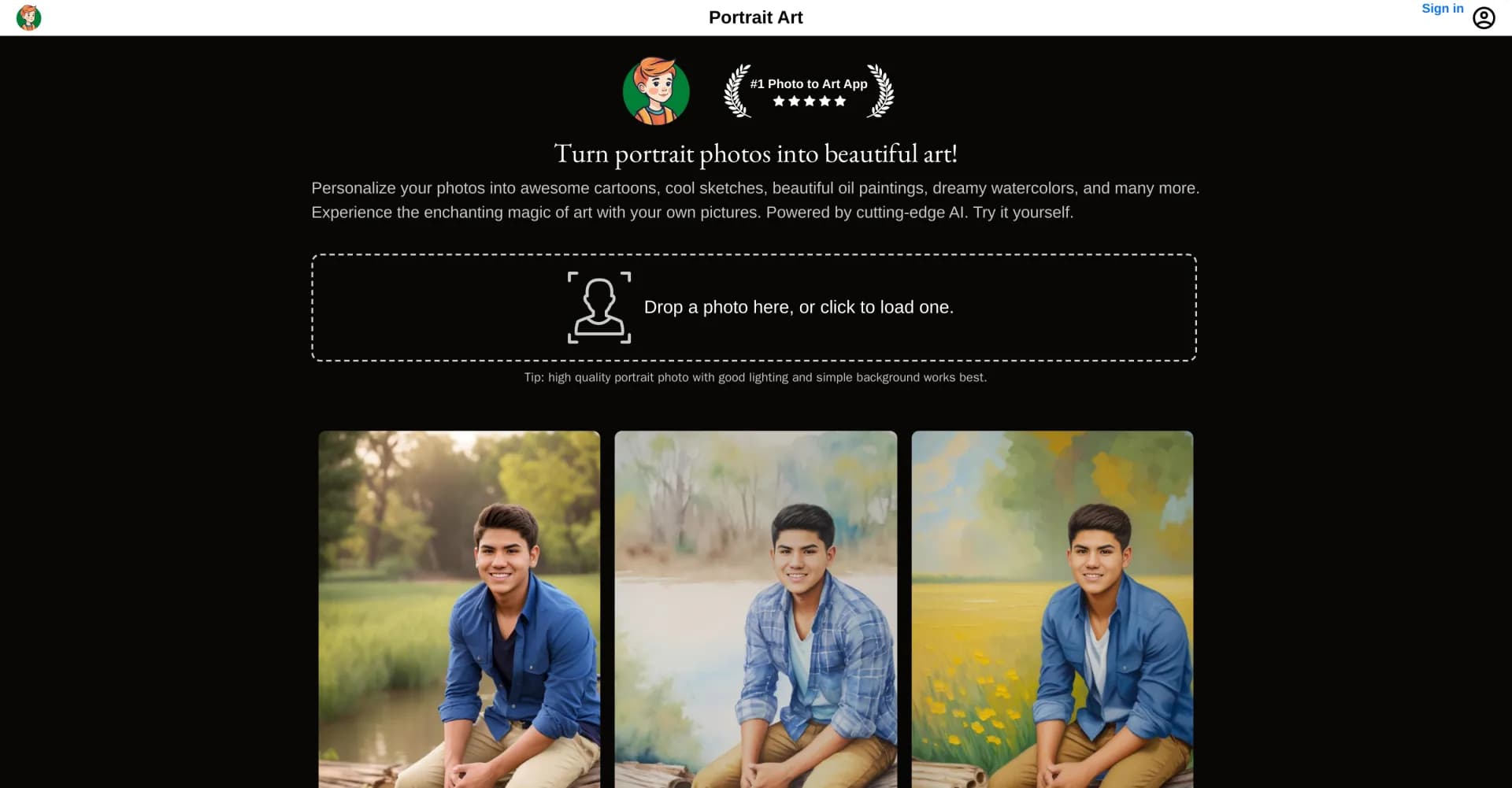 PortraitArt homepage screenshot — Turn portrait photos into beautiful art.