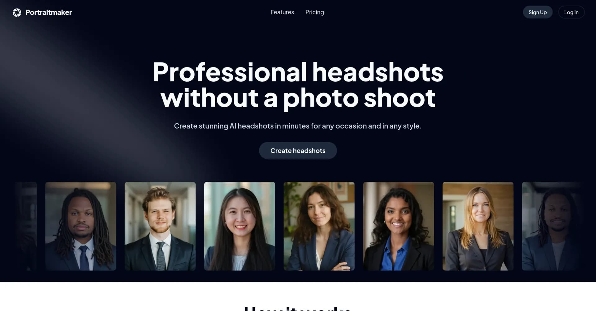 Portraitmaker homepage screenshot — Create stunning AI headshots in minutes.