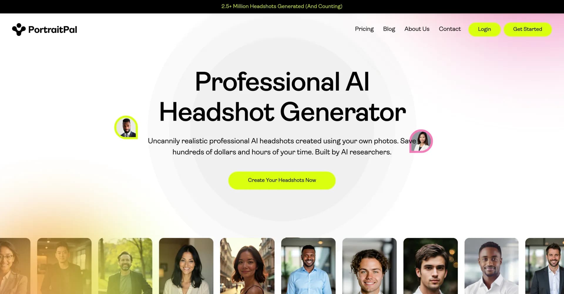 PortraitPal homepage screenshot — Generate uncannily realistic AI headshots in minutes.
