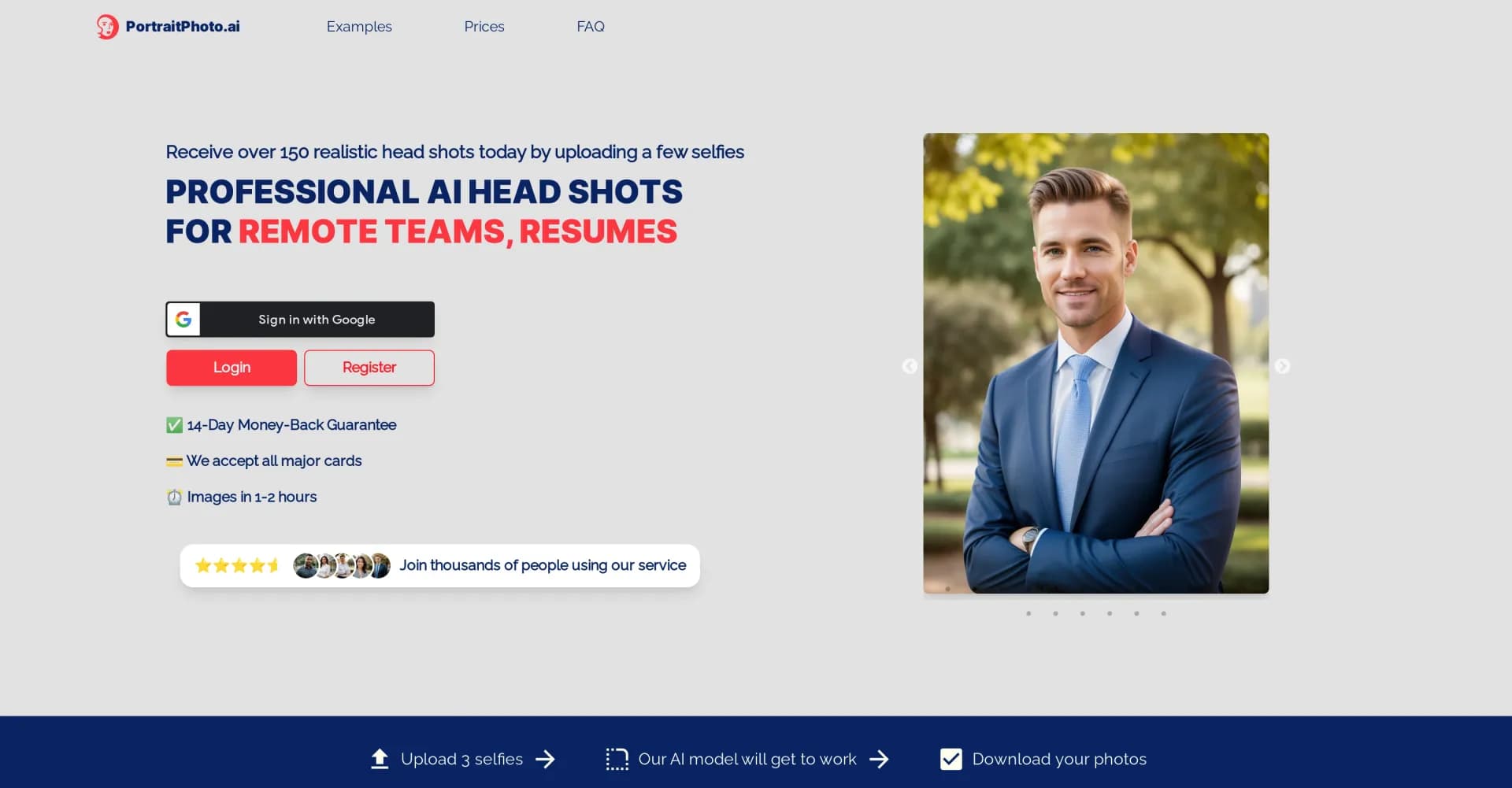 PortraitPhoto.ai homepage screenshot — Generate professional headshots from selfies in minutes.