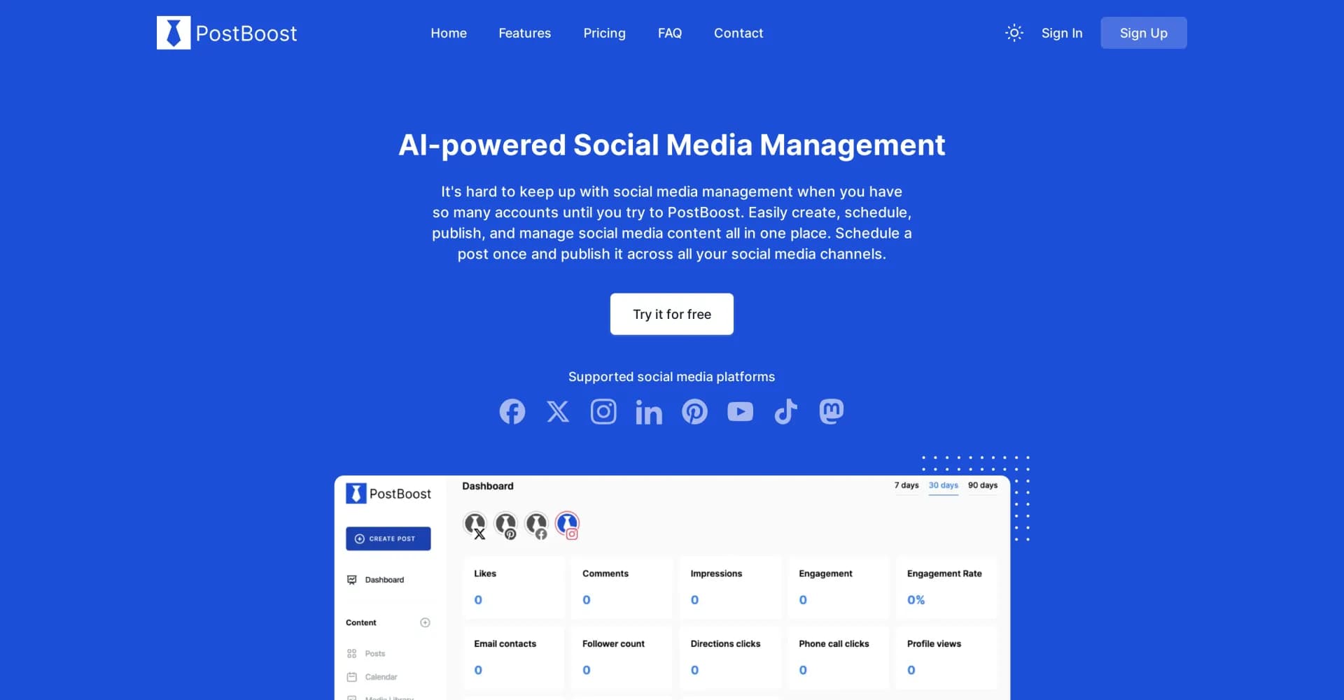 PostBoost homepage screenshot — AI-powered social media management made simple.
