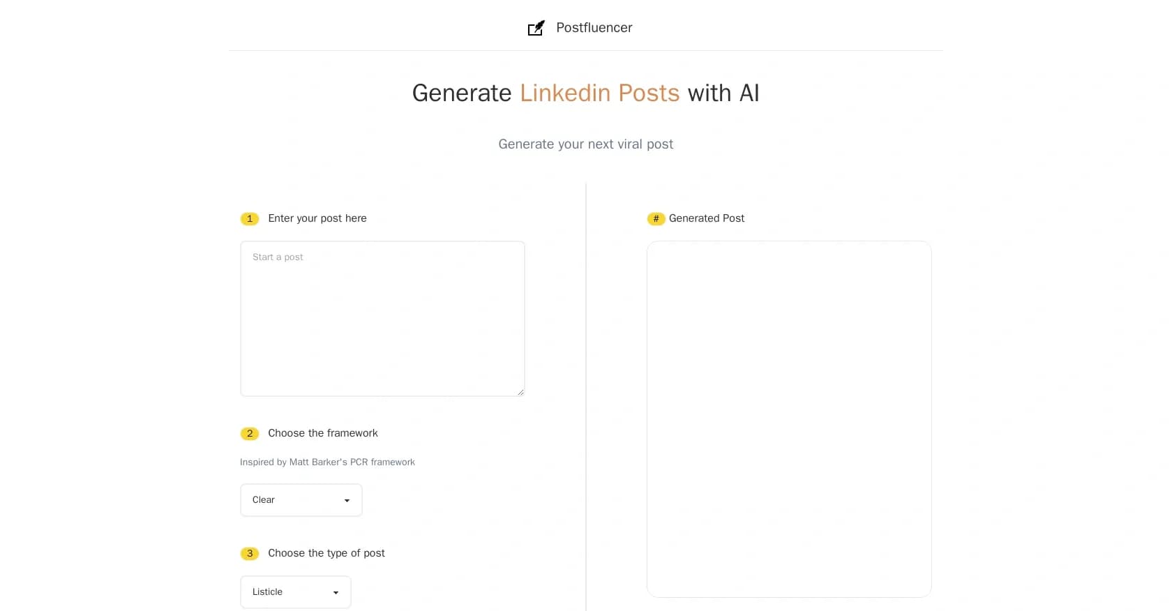 Postfluencer homepage screenshot — AI-powered LinkedIn post generator.