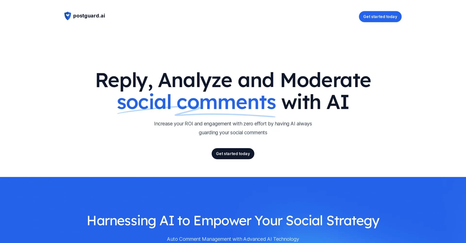 PostGuard homepage screenshot — AI-powered social comment management and analysis