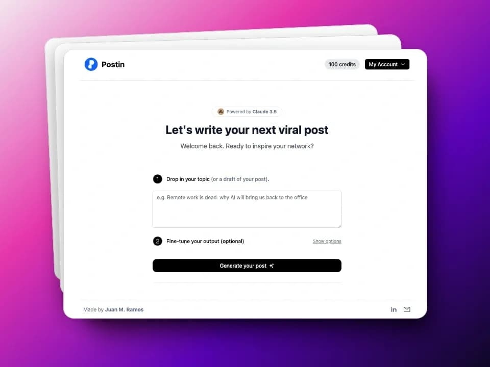Postin homepage screenshot — Craft viral LinkedIn posts instantly with AI