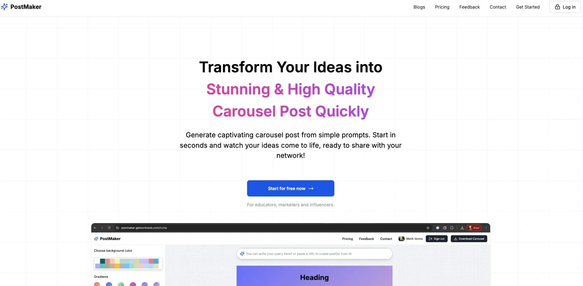 PostMaker homepage screenshot — Transform ideas into stunning carousel posts instantly.