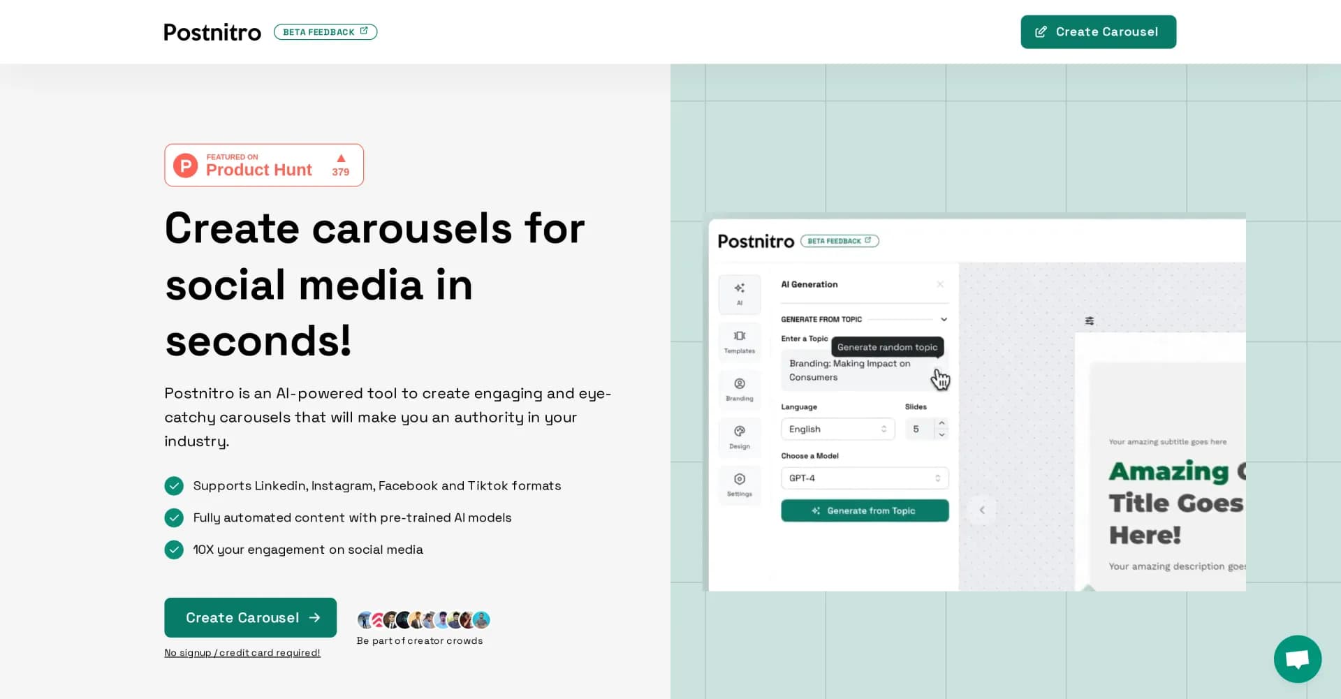 PostNitro homepage screenshot — Create stunning carousel posts with AI in seconds.