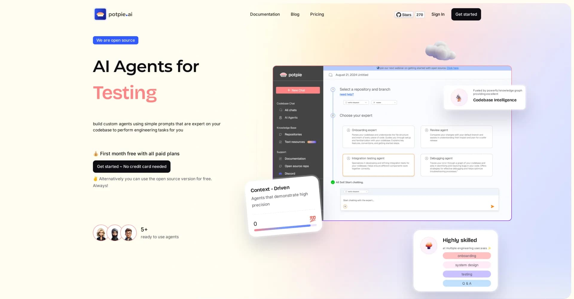 Potpie homepage screenshot — Build AI agents for your codebase in minutes.