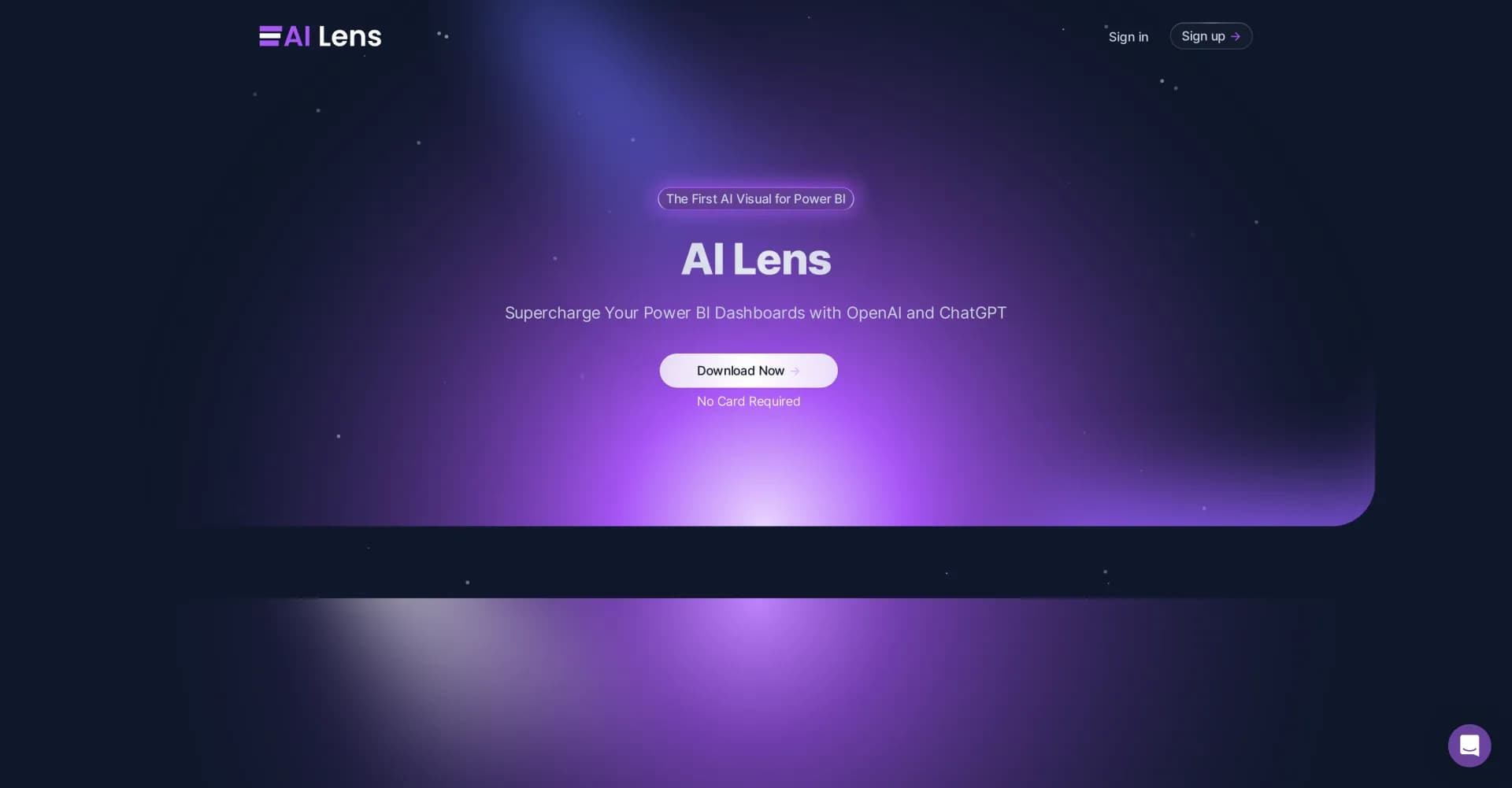 PowerBI AI Lens homepage screenshot — Supercharge Power BI dashboards with AI-driven insights