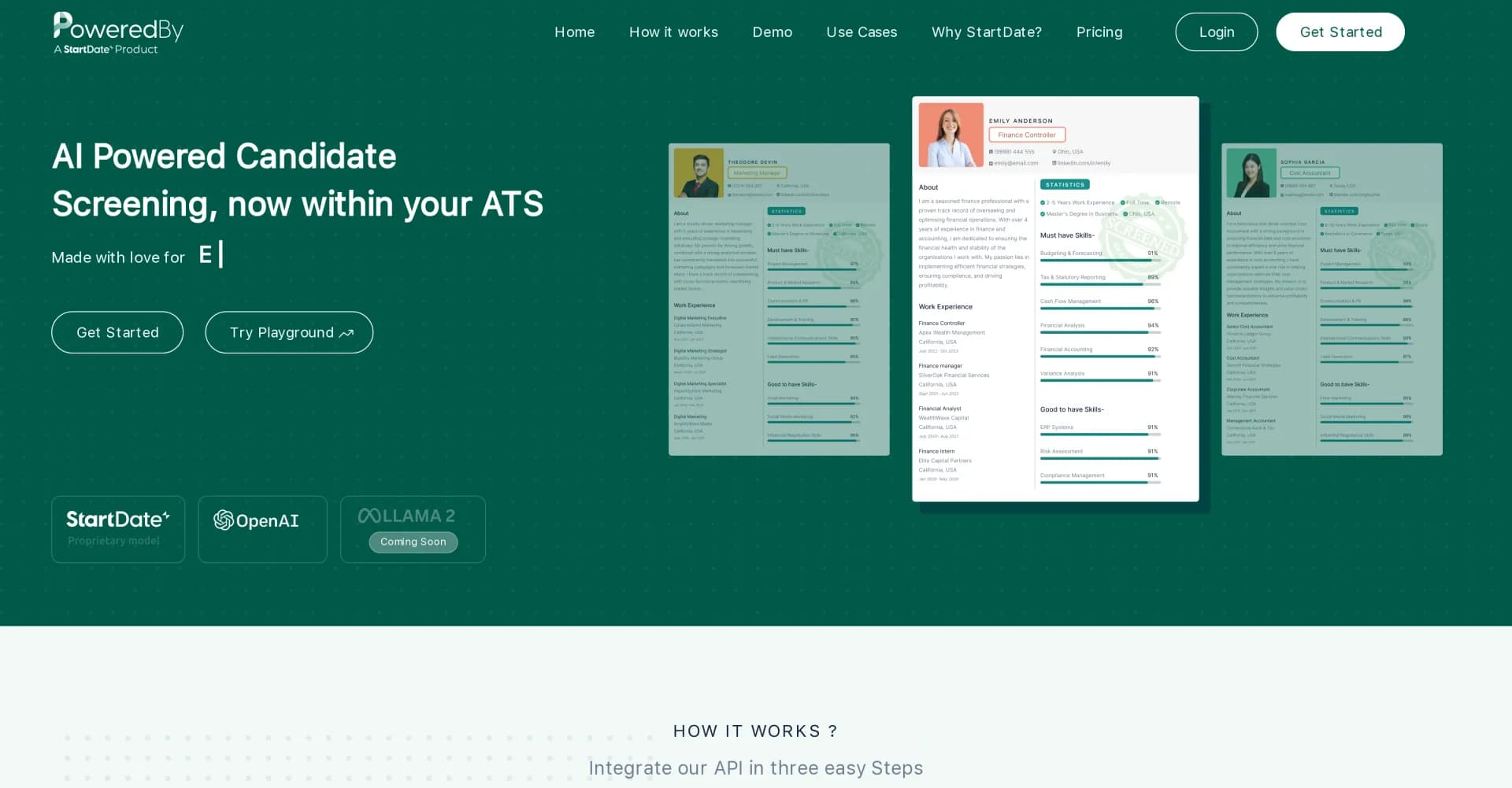 PoweredBy homepage screenshot — AI-powered screening for perfect candidate matches.