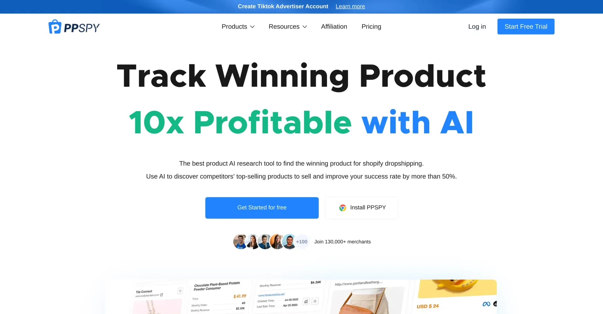 PPSPY homepage screenshot — Spy on Shopify stores to boost your dropshipping success
