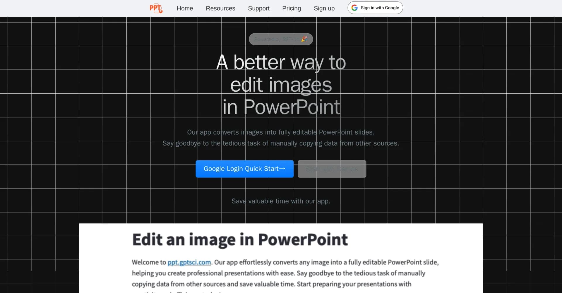 PPT GPTSci homepage screenshot — Convert images to editable PowerPoint slides instantly.