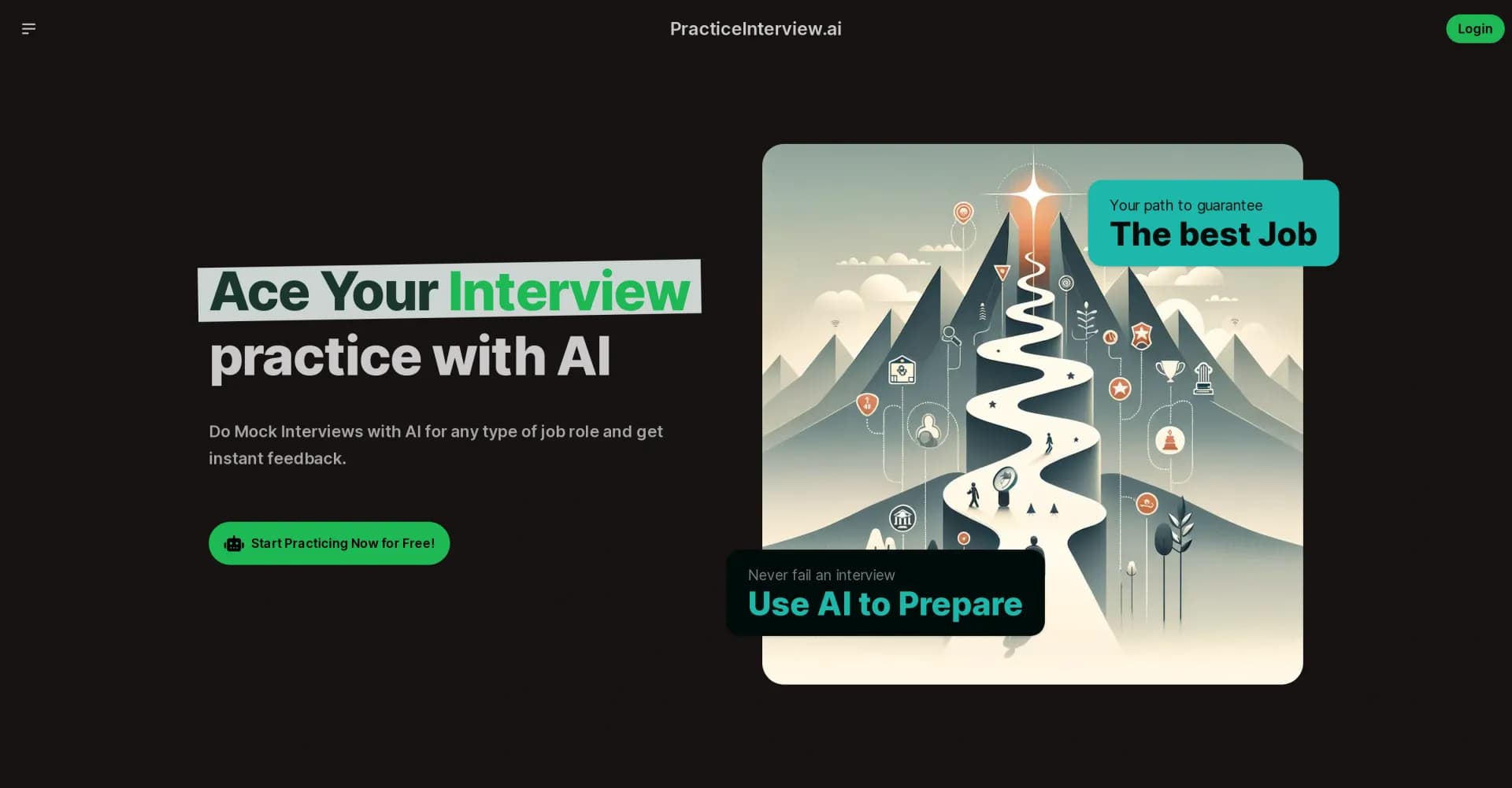 PracticeInterview homepage screenshot — AI-powered mock interviews for job seekers.