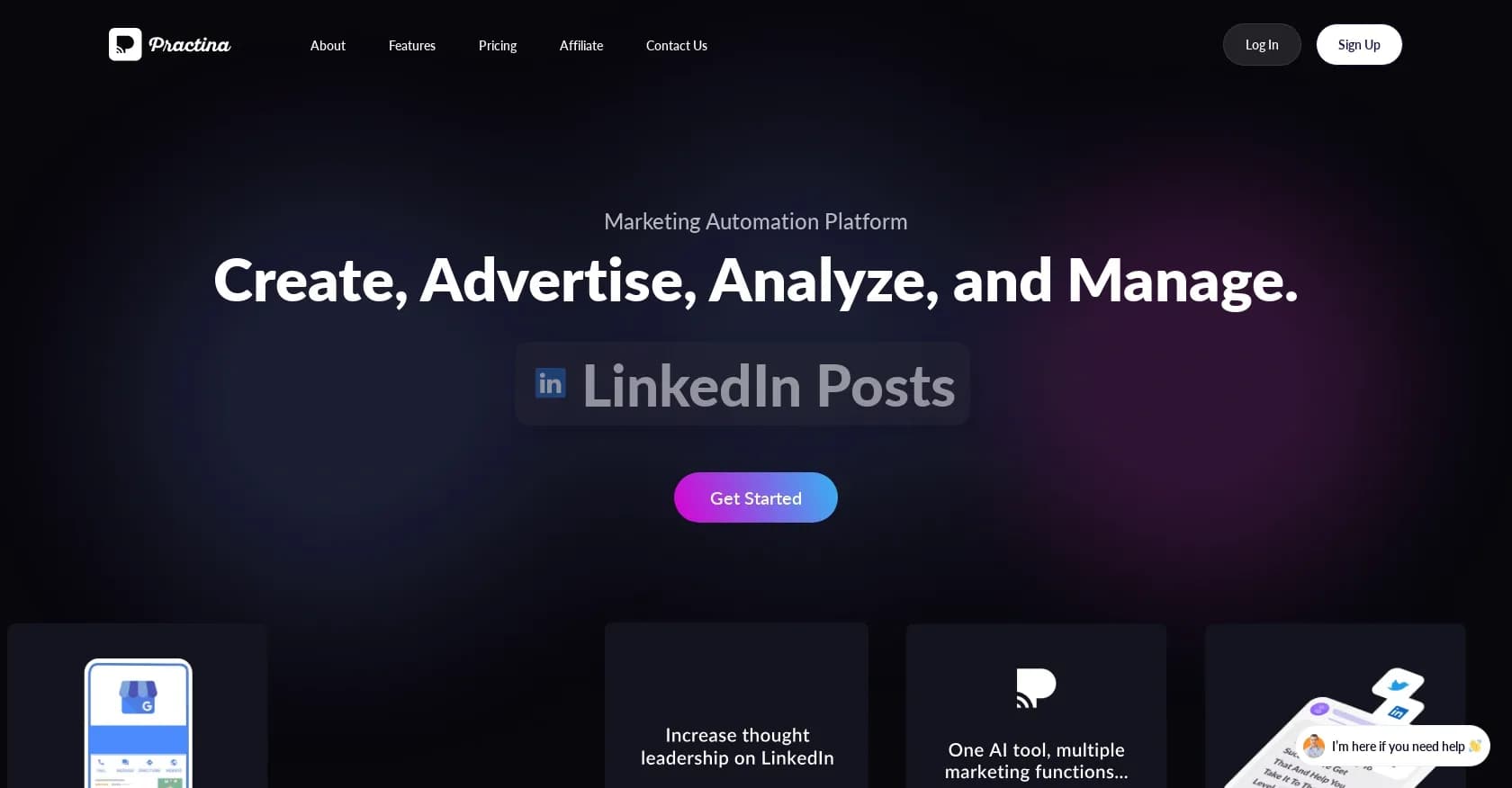 Practina homepage screenshot — AI-powered marketing automation that multiplies results.