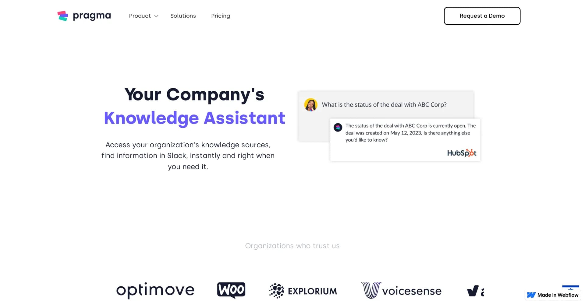 Pragma homepage screenshot — Access company knowledge instantly, anywhere you work.