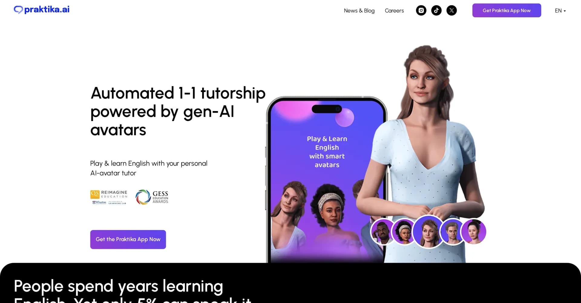 Praktika homepage screenshot — AI avatar tutors for personalized language learning.
