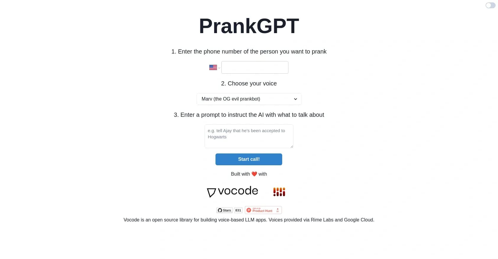 Prankgpt homepage screenshot — Prank call your friends with AI-generated conversations