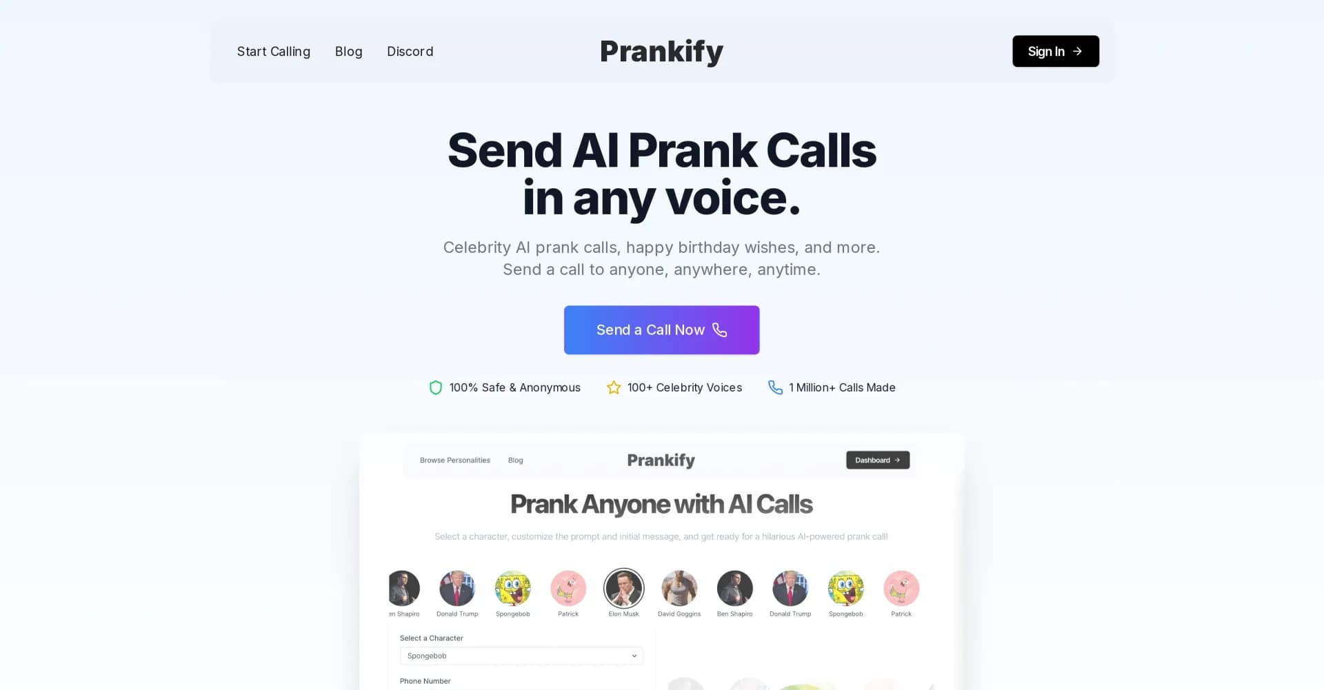Prankify AI homepage screenshot — Send AI prank calls in any voice.