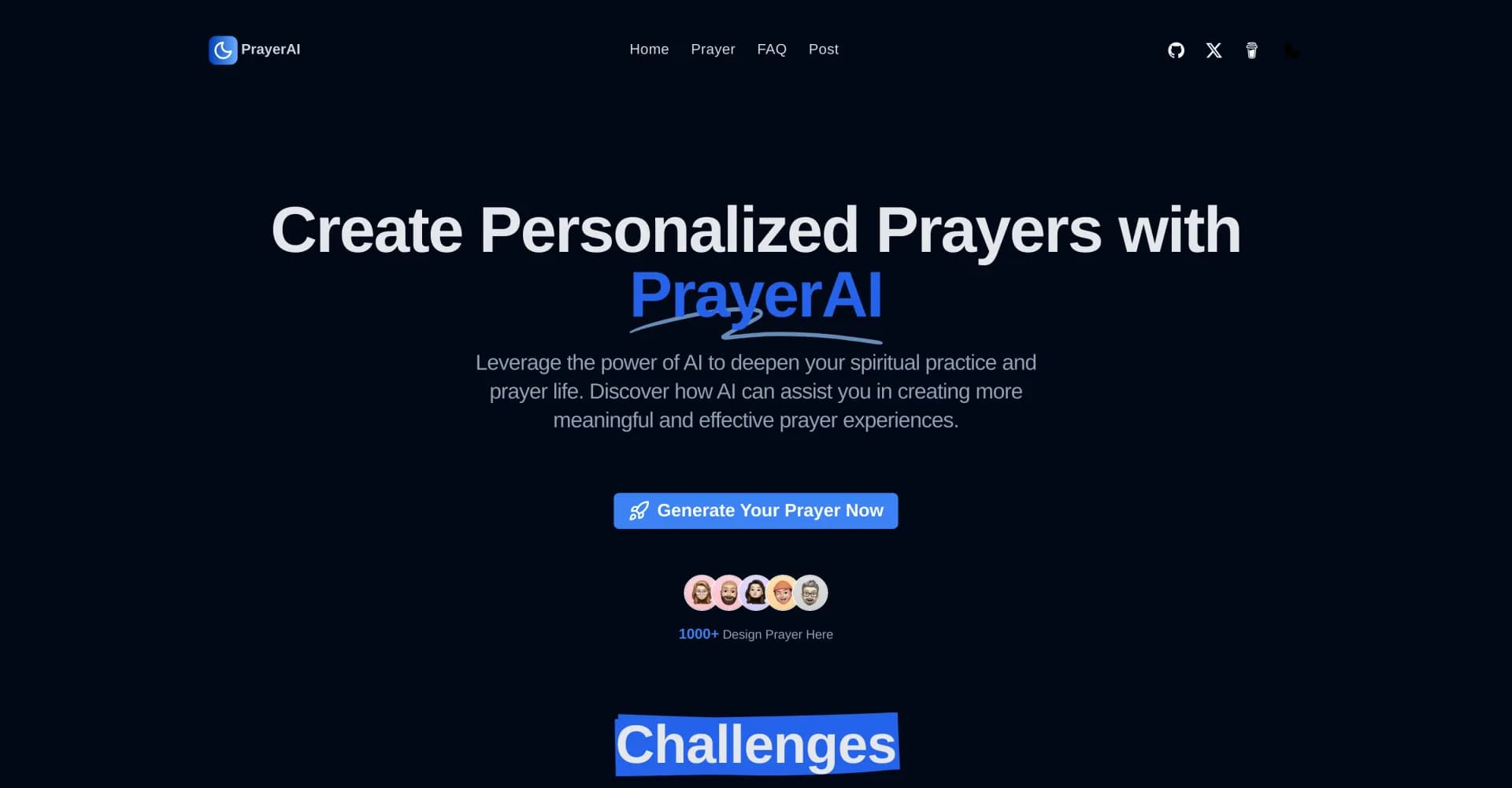 PrayerAI homepage screenshot — AI-powered personalized prayers for spiritual growth