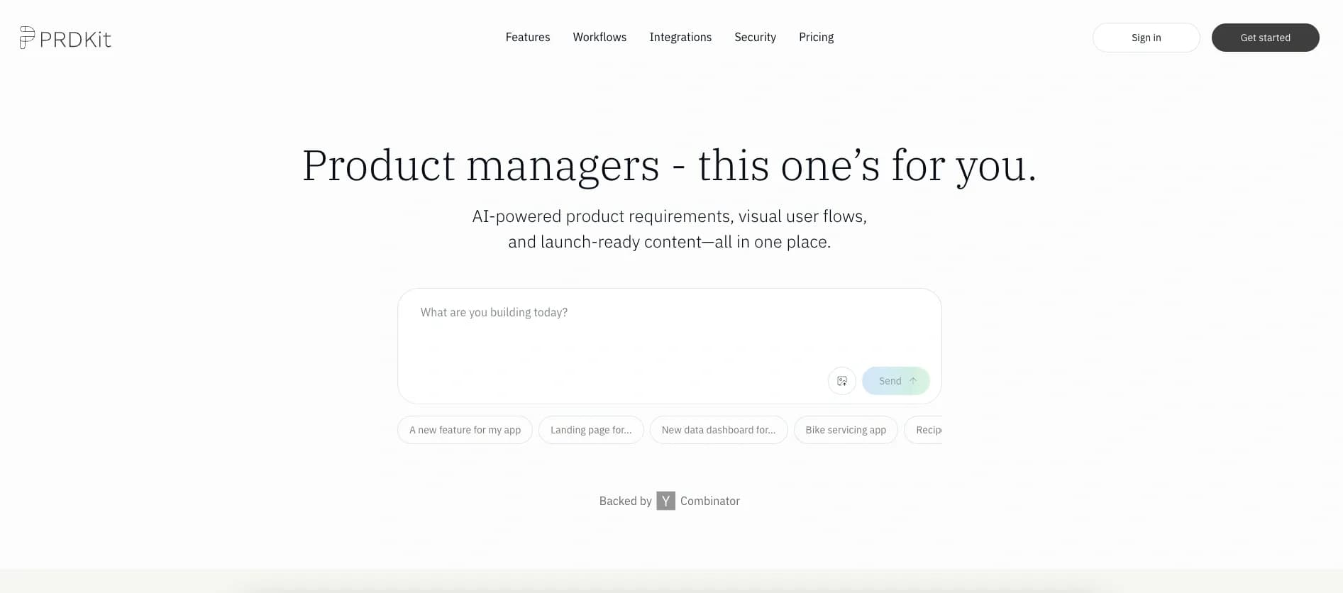 PRDKit homepage screenshot — AI-powered product requirements and GTM content in minutes.