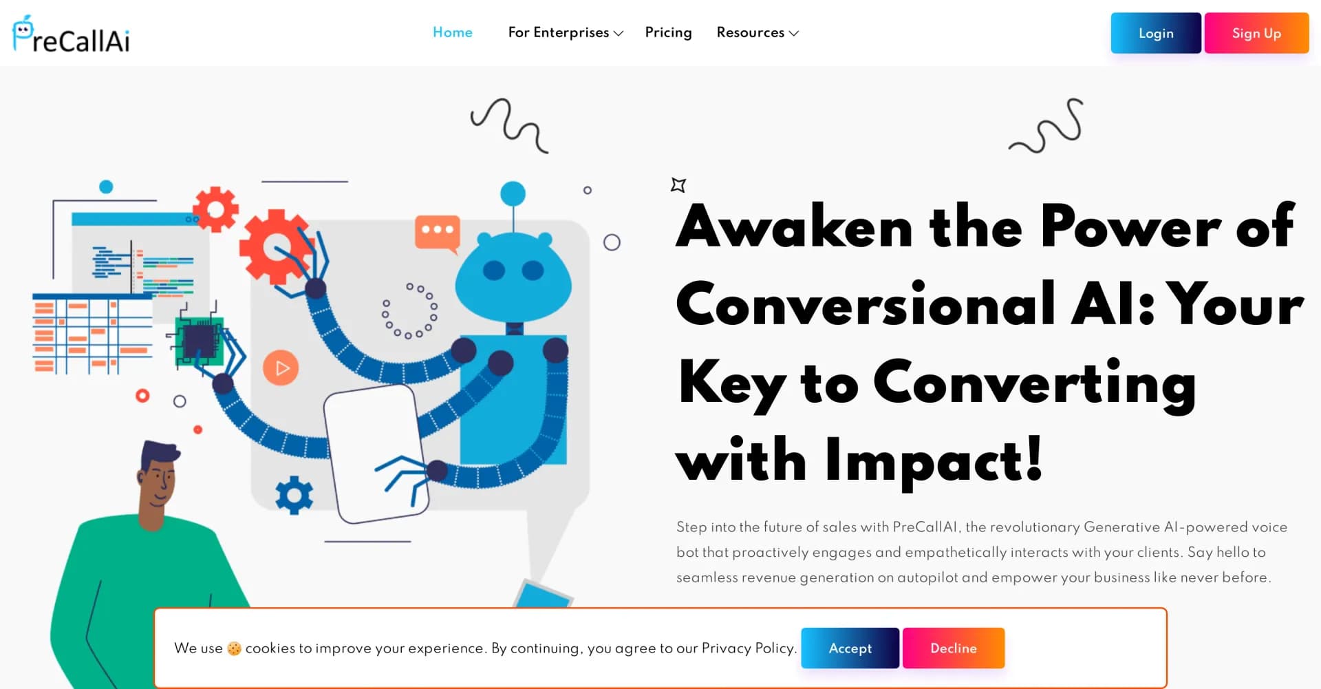 PreCallAI homepage screenshot — Empower sales with AI-driven voice bots