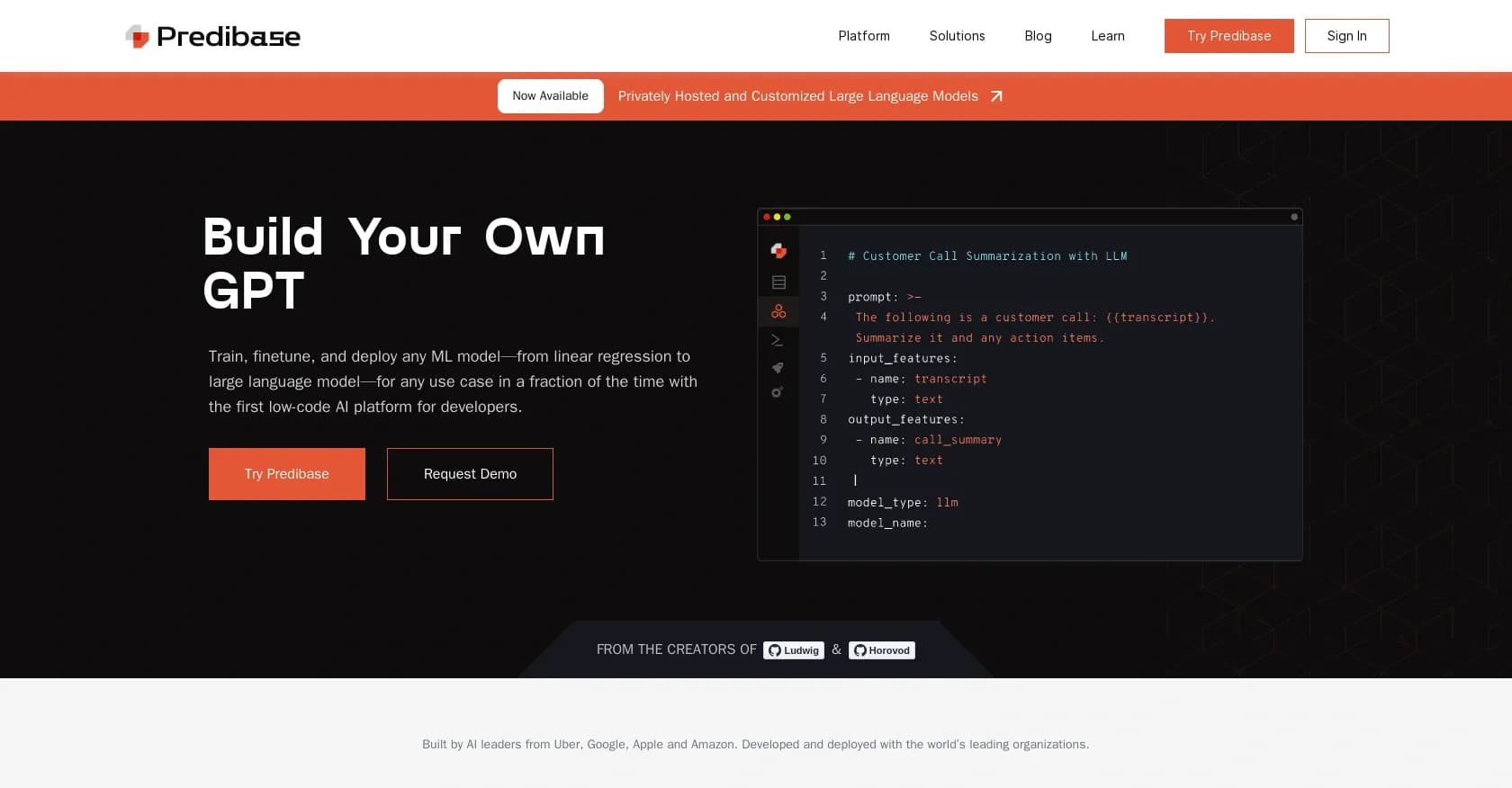 Predibase homepage screenshot — Low-code AI platform for developers