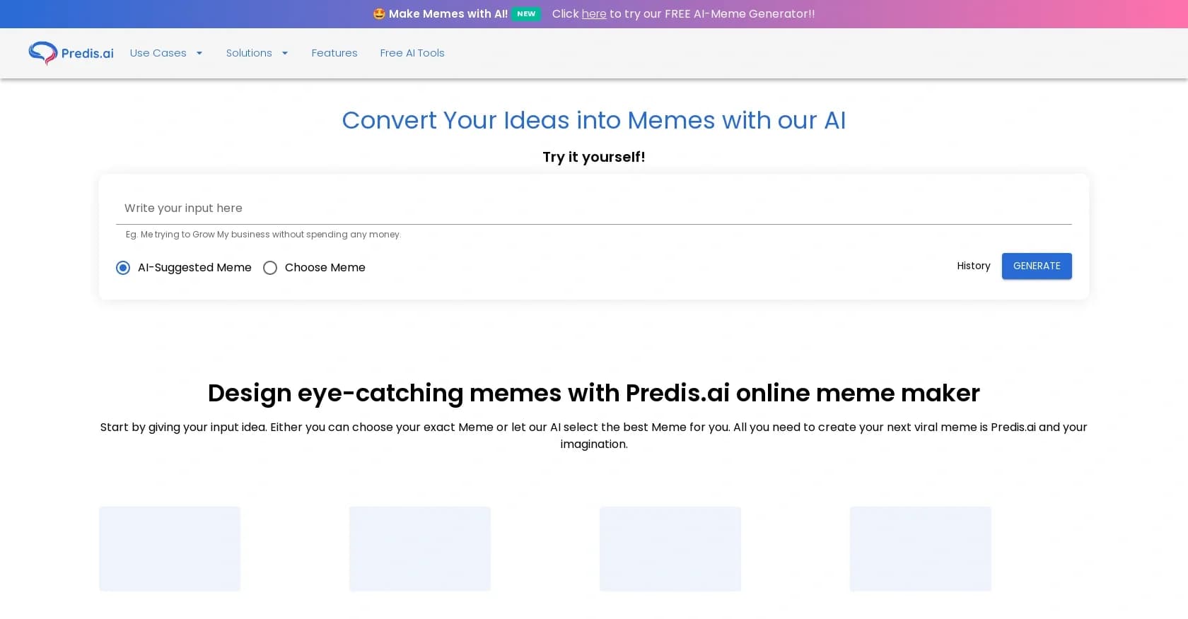 Predis Meme generator homepage screenshot — Transform your social media game with AI tools.
