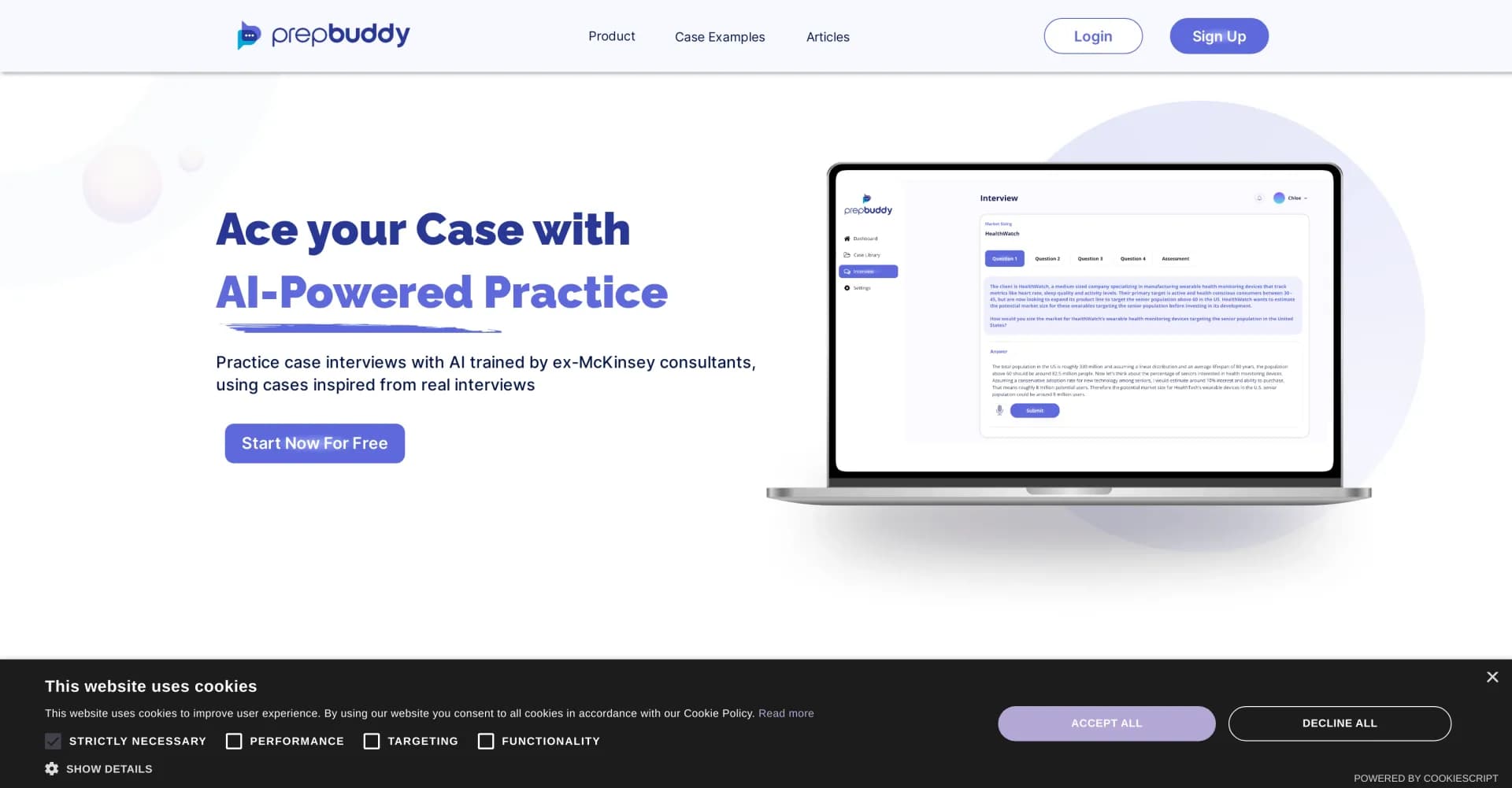 PrepBuddy homepage screenshot — AI-powered practice for consulting case interviews.