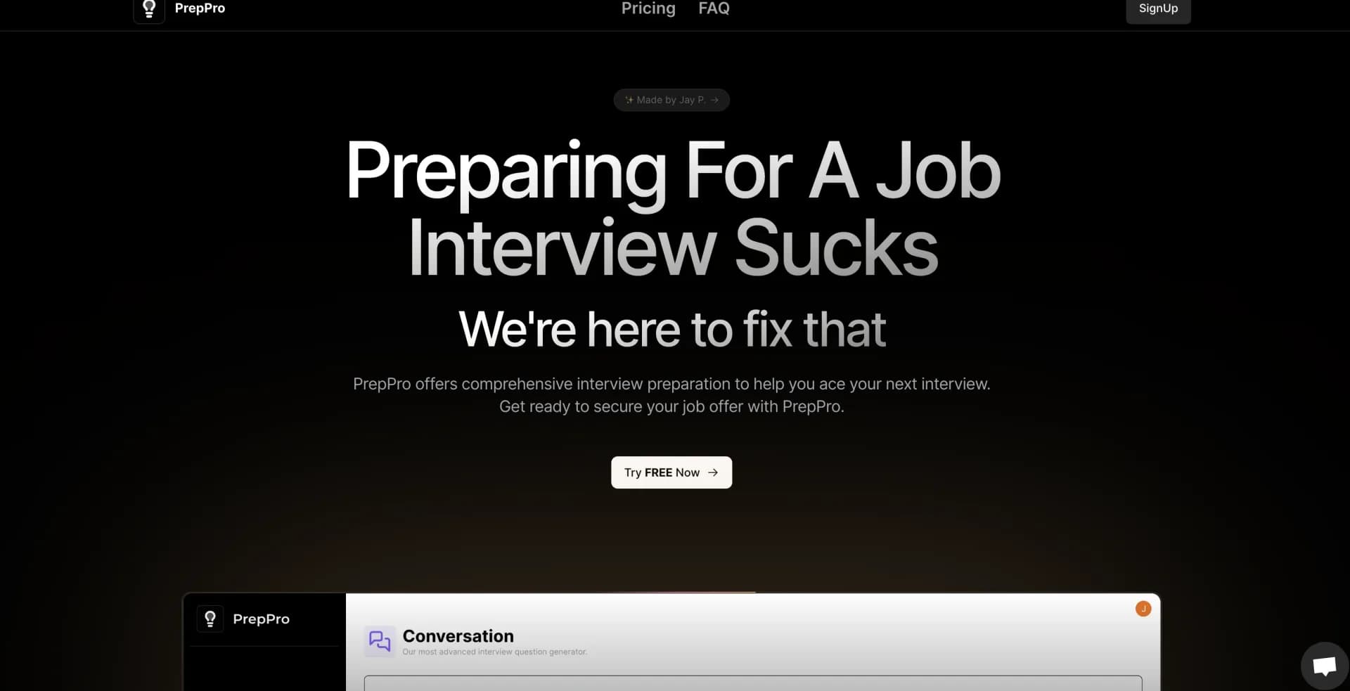 PrepPro homepage screenshot — Ace your job interviews with AI-powered preparation.