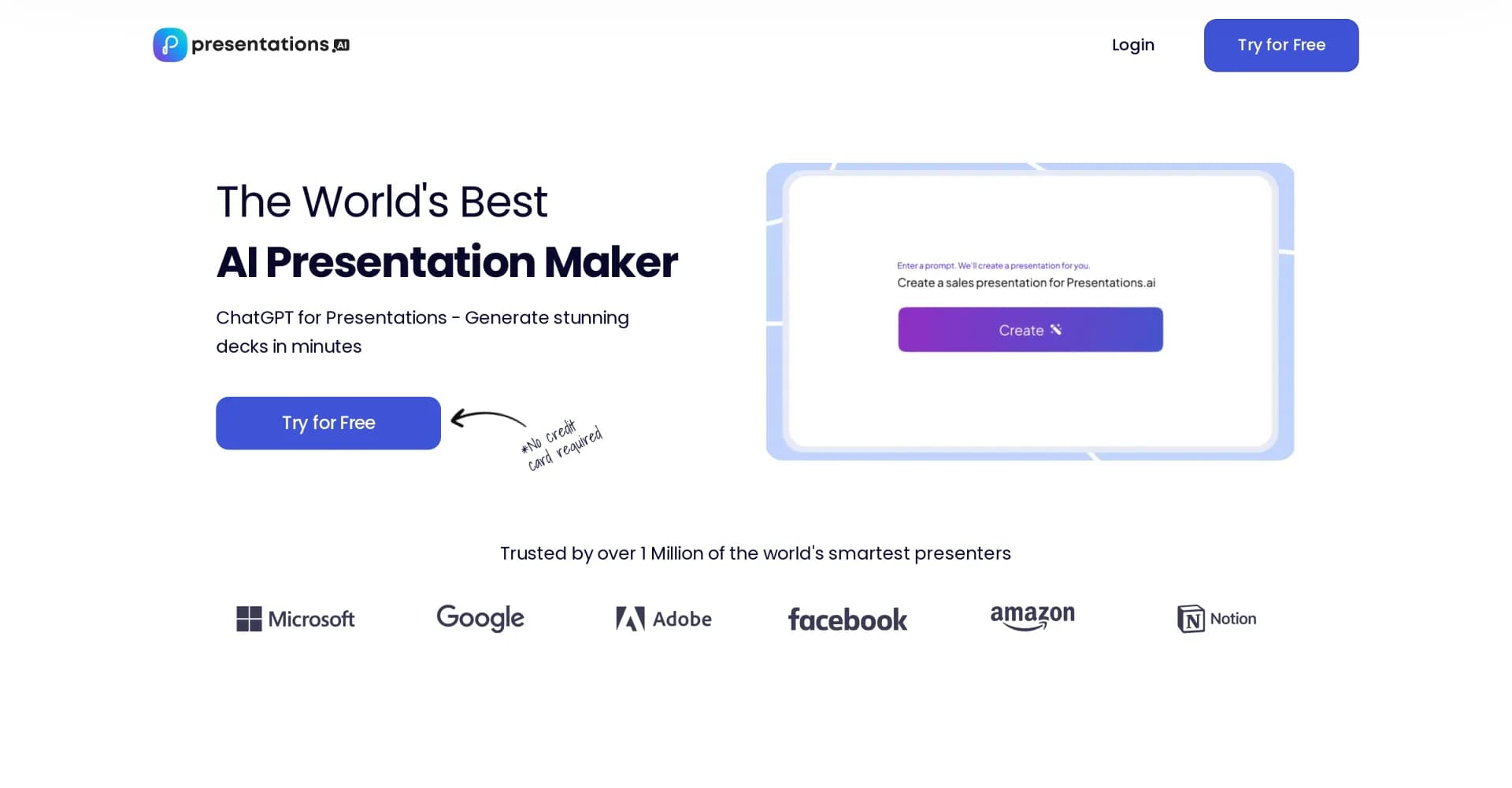PresentationsAI homepage screenshot — Generate stunning presentations in minutes with AI