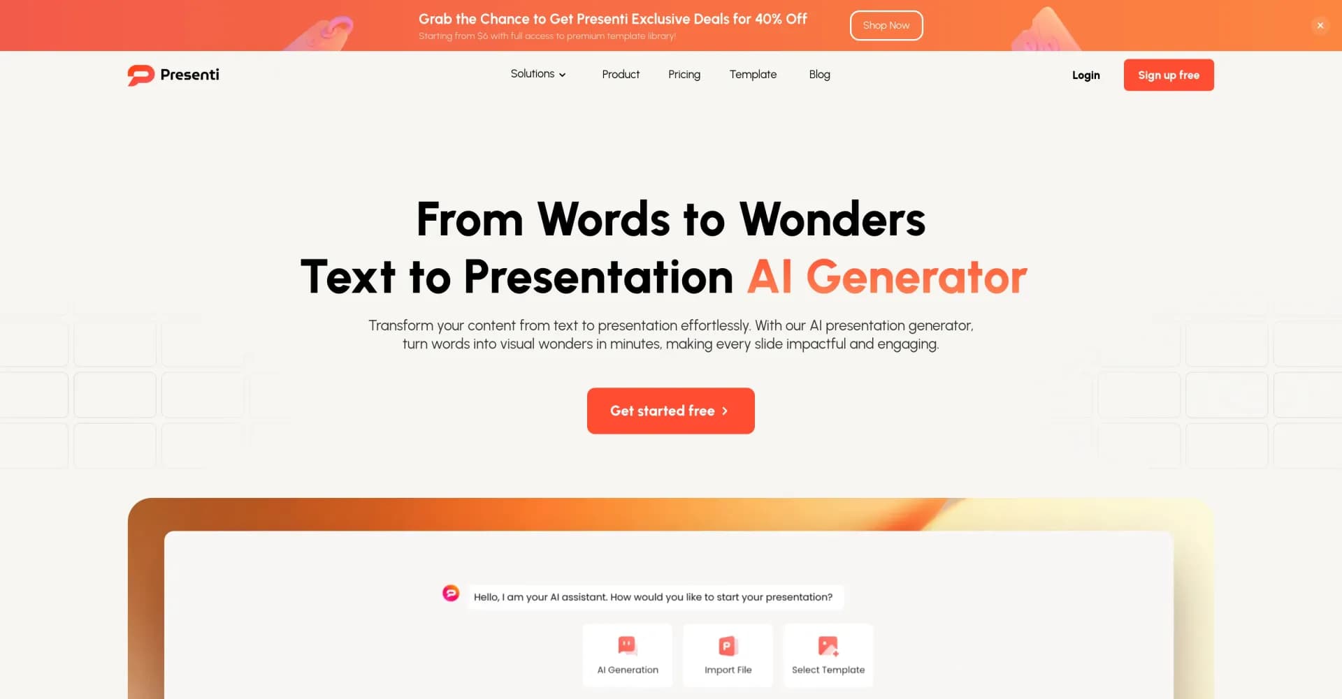 Presenti homepage screenshot — Turn text into stunning slide decks instantly.