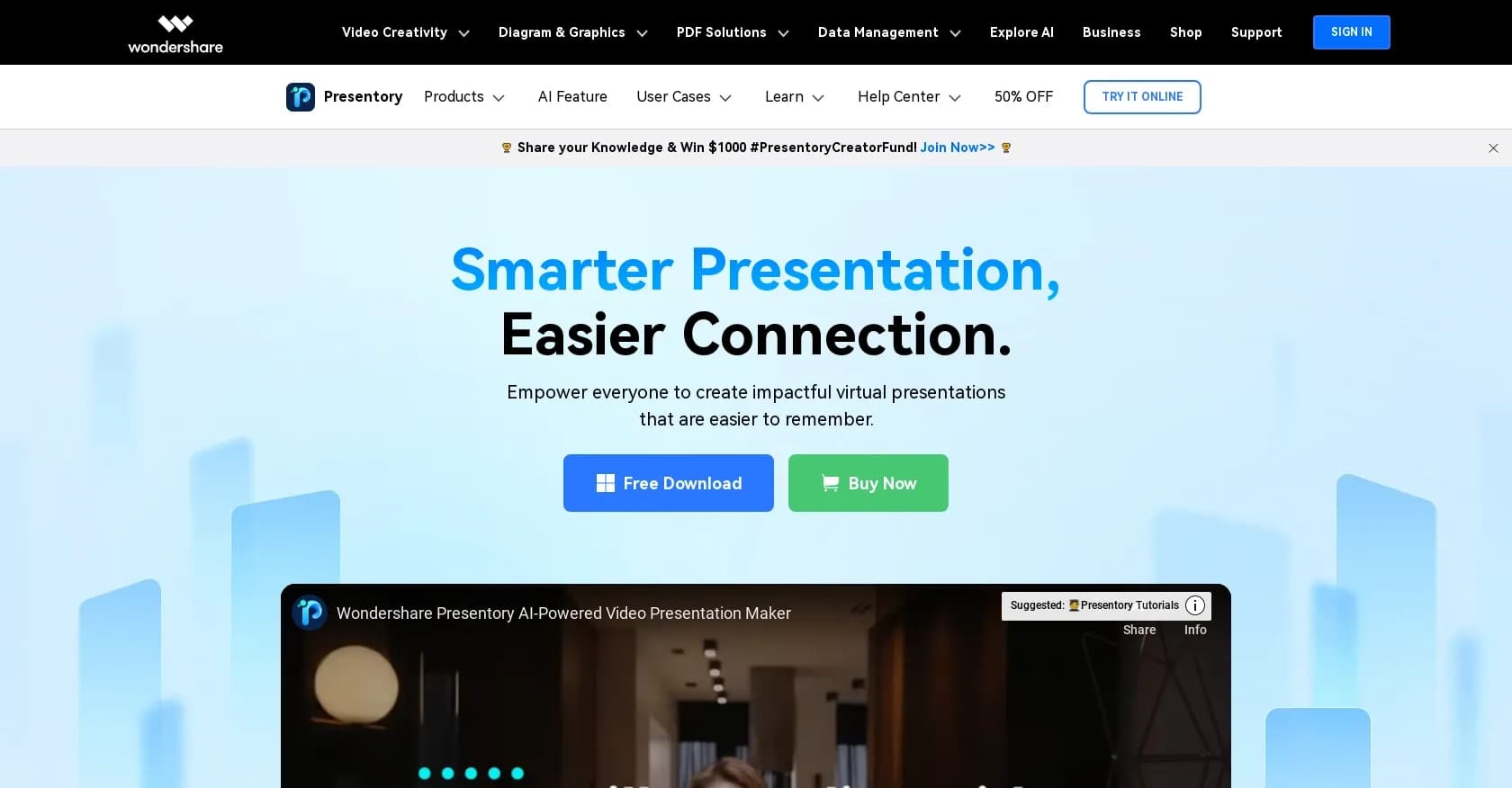 Presentory homepage screenshot — Create dynamic AI-powered presentations effortlessly.