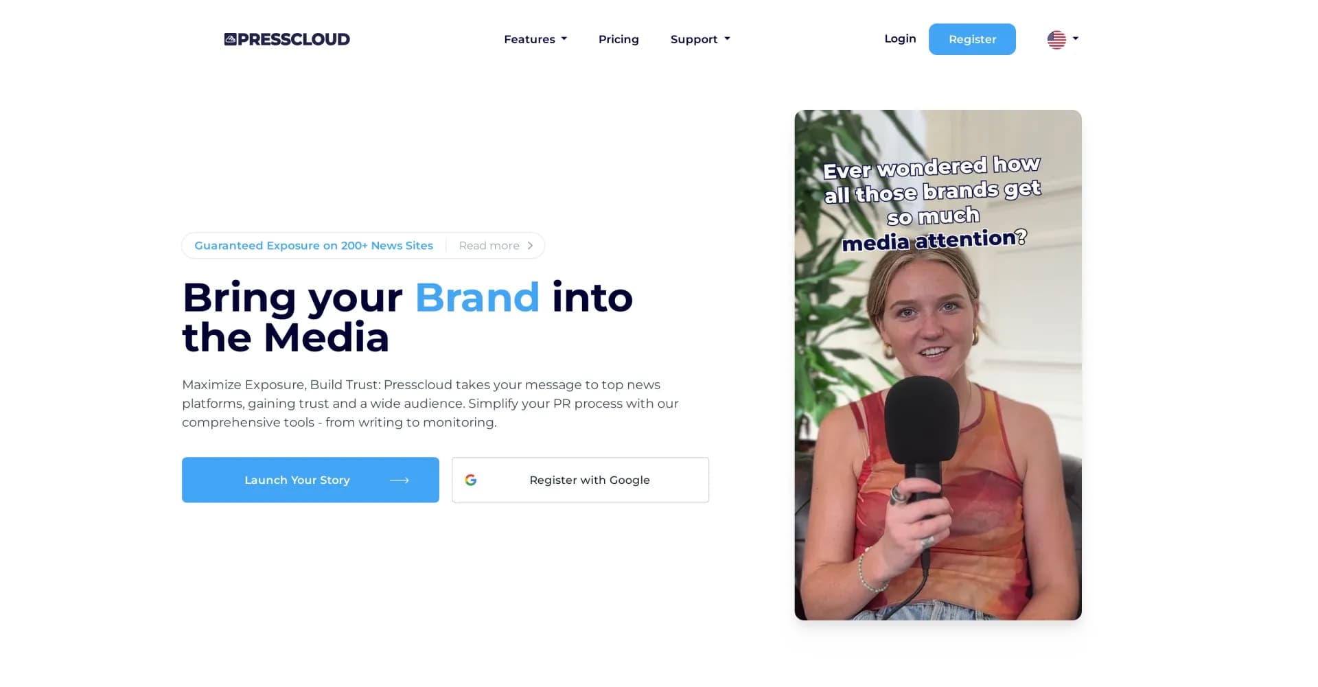 Presscloud.ai homepage screenshot — Send press releases in minutes, reach relevant journalists.