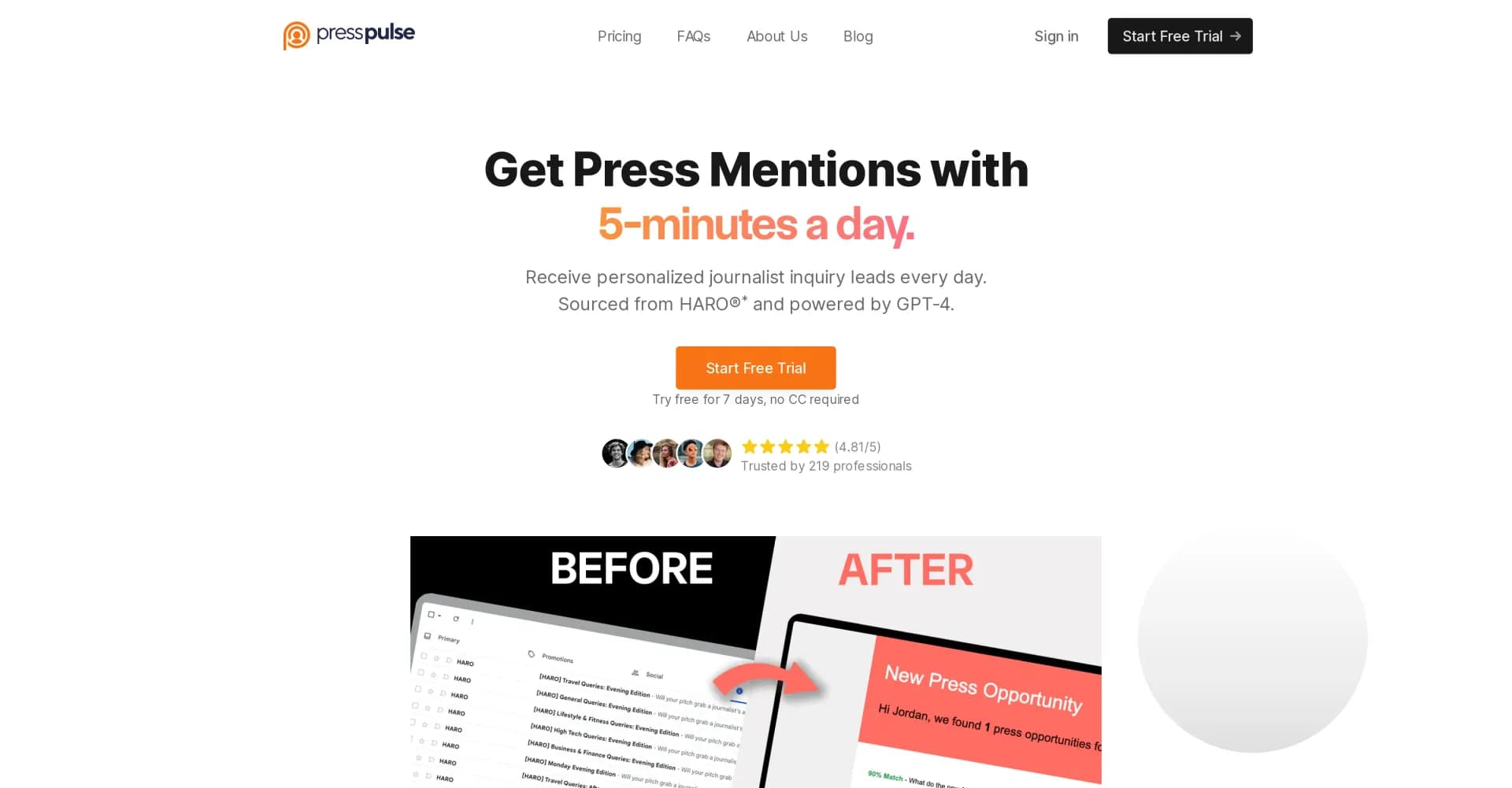 PressPulse AI homepage screenshot — Get press mentions in 5 minutes a day.