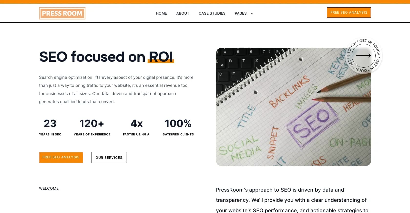PressRoom homepage screenshot — AI-powered SEO for lasting traffic and revenue growth