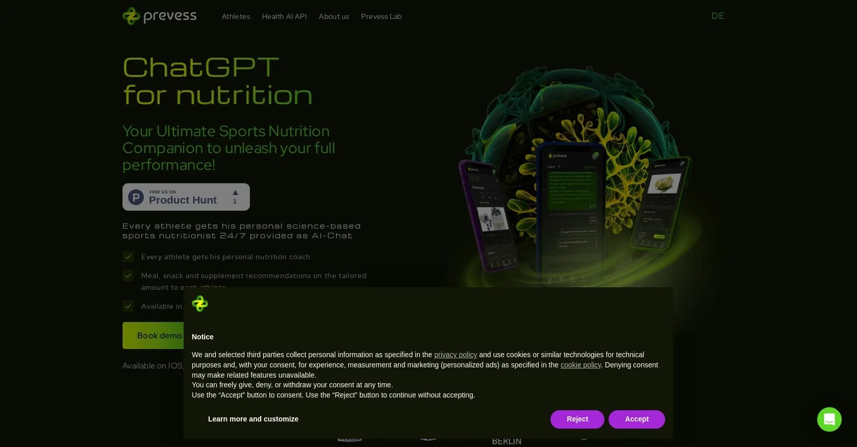 PrevessAI homepage screenshot — ChatGPT for personalized nutrition, sleep, and mental coachi